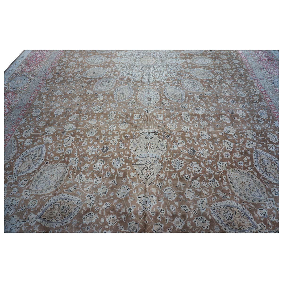 Antique 1930s Persian Tabriz 13x20 Brown & Salmon Oversized Handmade Area Rug For Sale 2