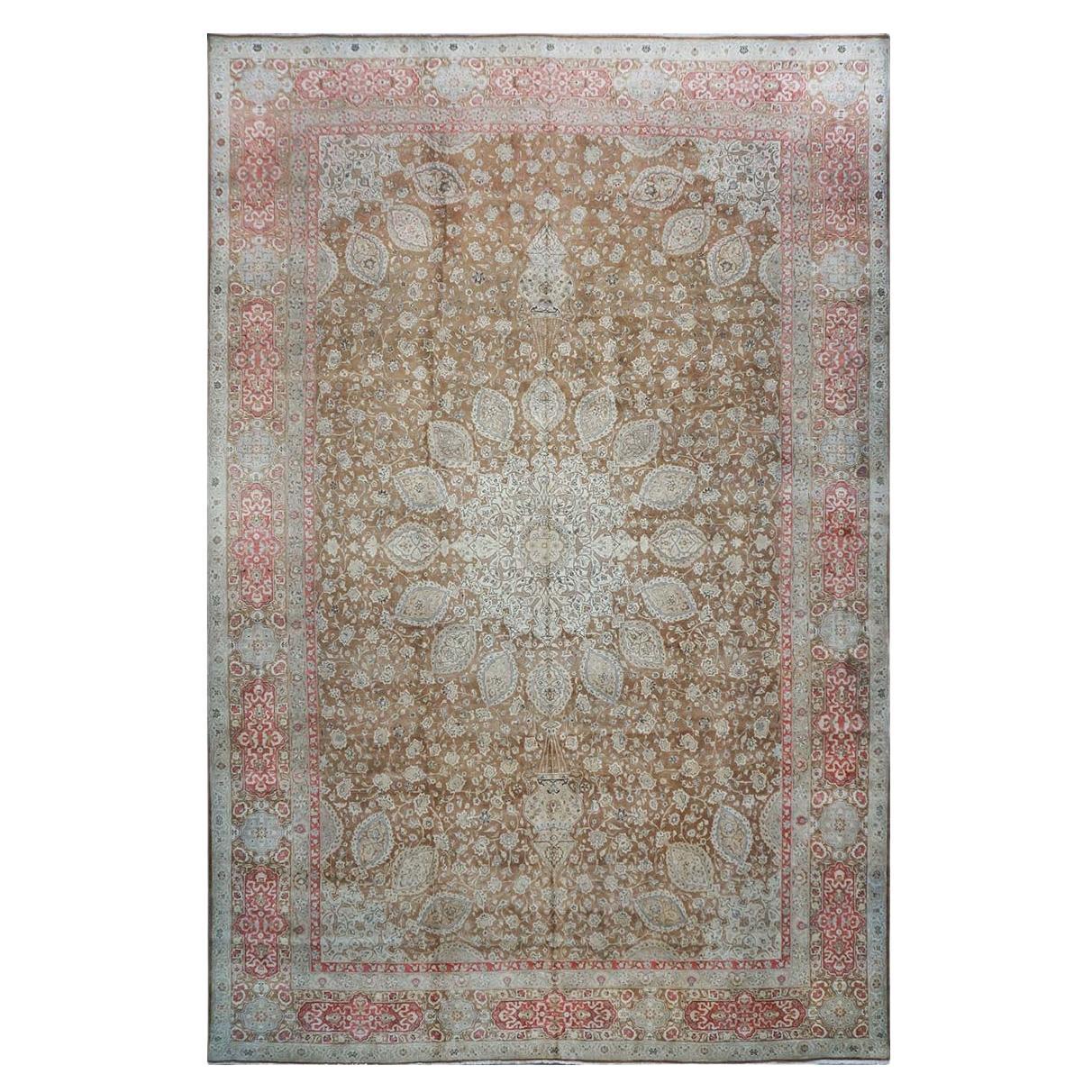 Antique 1930s Persian Tabriz 13x20 Brown & Salmon Oversized Handmade Area Rug For Sale