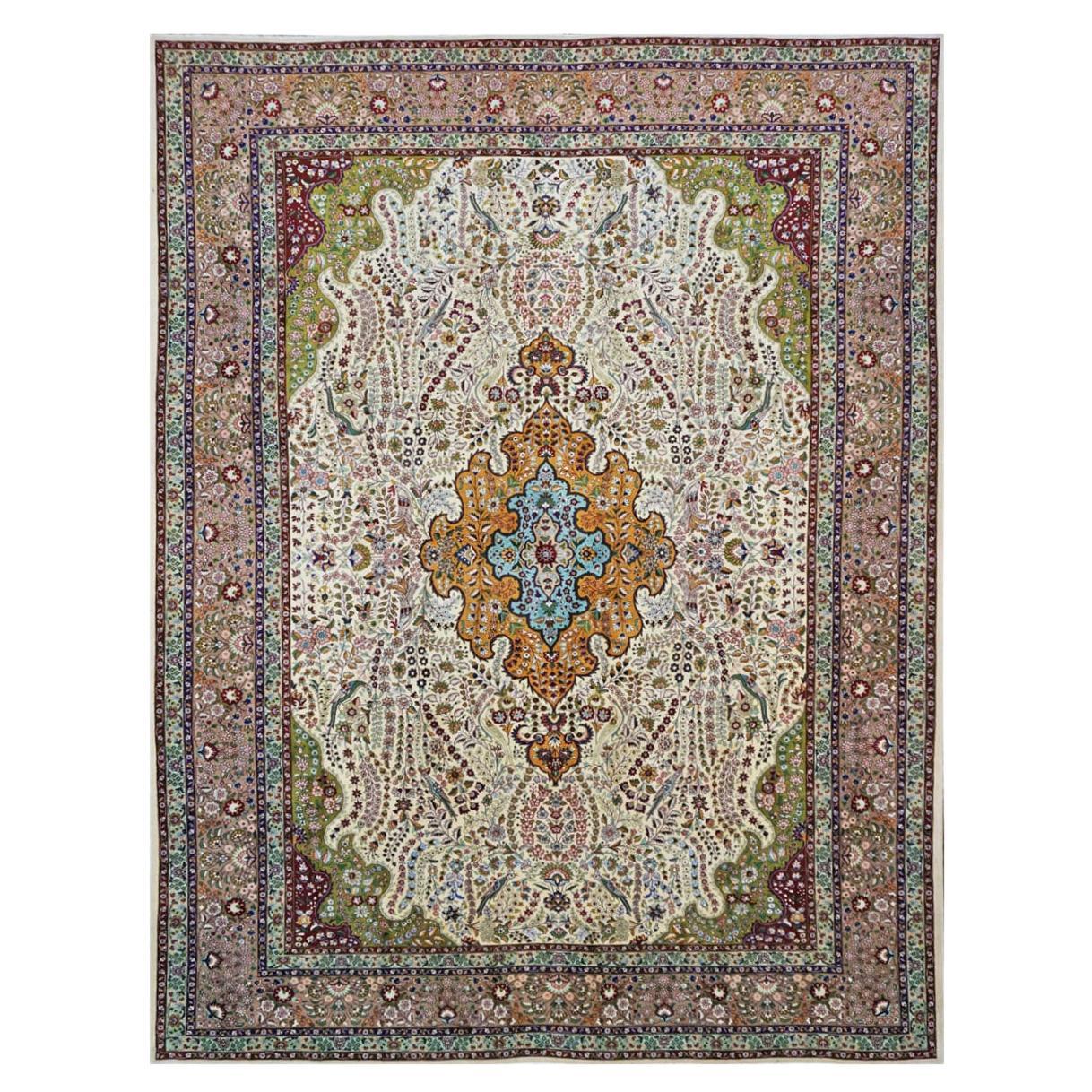 Tapis persan Tabriz Pahlavi des années 1930, 10x13, ivoire et taupe clair, fait à la main en vente