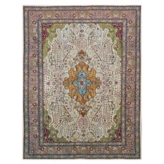 Tapis persan Tabriz Pahlavi des années 1930, 10x13, ivoire et taupe clair, fait à la main