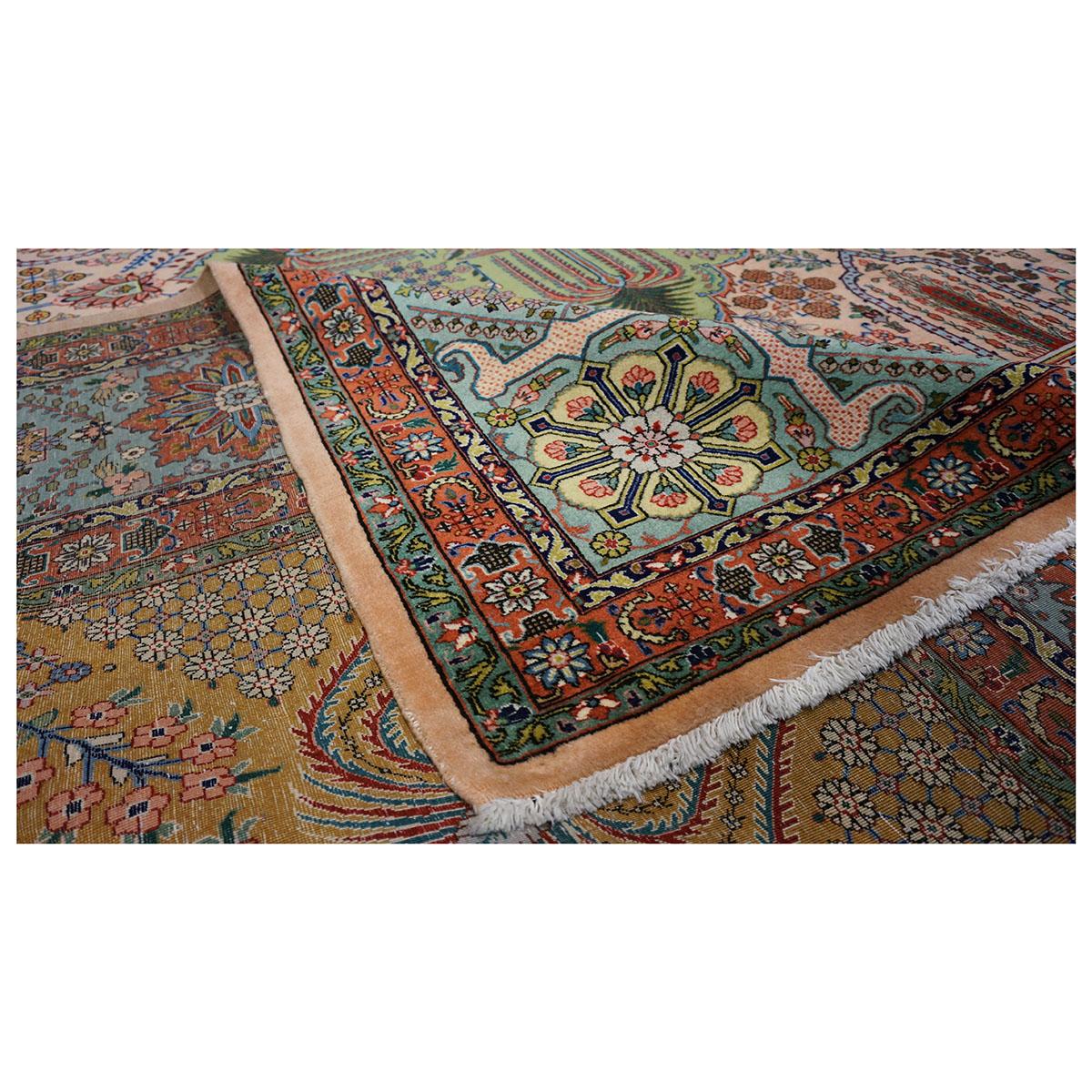 Antike 1930er Persisch Tabriz Pahlavi 10x13 Hellrosa, Blau & Pfirsich Handgefertigter Teppich im Angebot 6