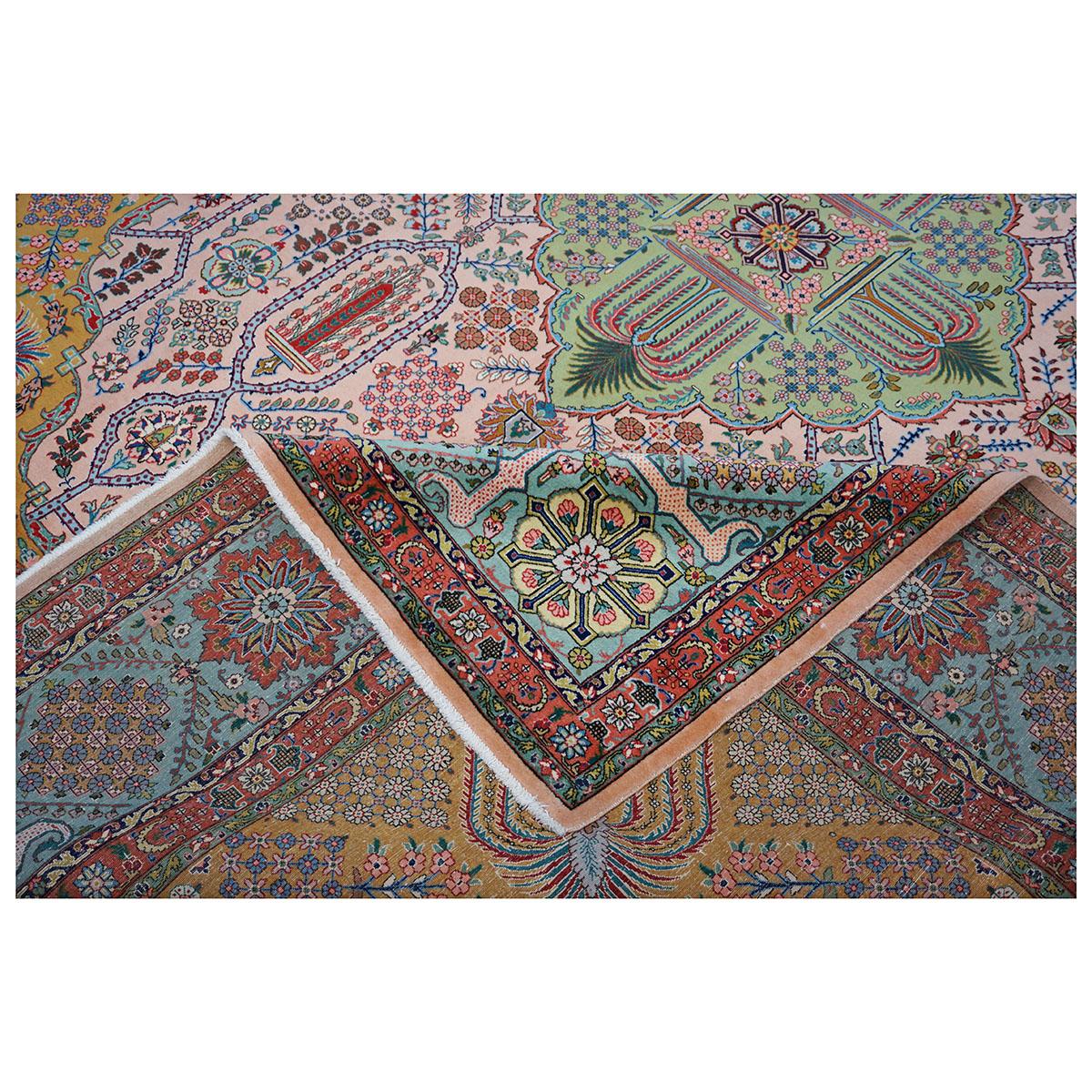 Antike 1930er Persisch Tabriz Pahlavi 10x13 Hellrosa, Blau & Pfirsich Handgefertigter Teppich im Angebot 7