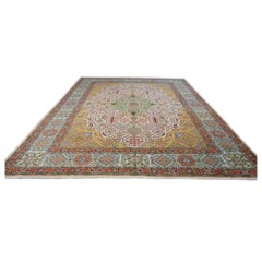 Antique 1930s Persian Tabriz Pahlavi 10x13 Light Pink, Blue & Peach Handmade Rug