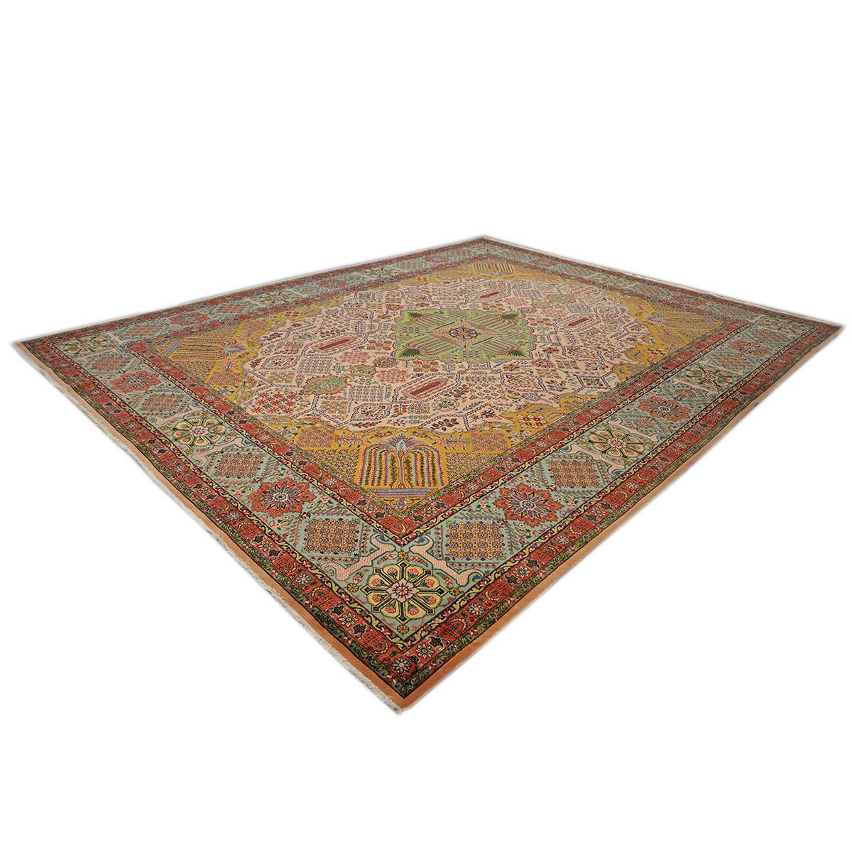 Antique 1930s Persian Tabriz Pahlavi 10x13 Light Pink, Blue & Peach Handmade Rug In Good Condition For Sale In Houston, TX
