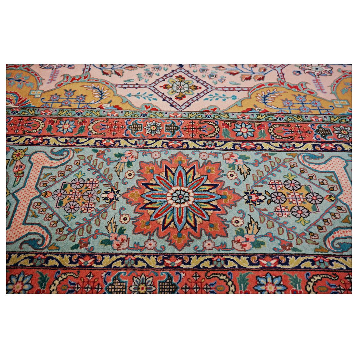 Antike 1930er Persisch Tabriz Pahlavi 10x13 Hellrosa, Blau & Pfirsich Handgefertigter Teppich im Angebot 3