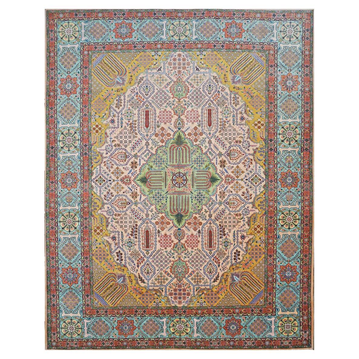 Antike 1930er Persisch Tabriz Pahlavi 10x13 Hellrosa, Blau & Pfirsich Handgefertigter Teppich