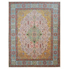 Tapis persan Tabriz Pahlavi des années 1930, 10 x 13 rose clair, bleu et pêche, fait à la main