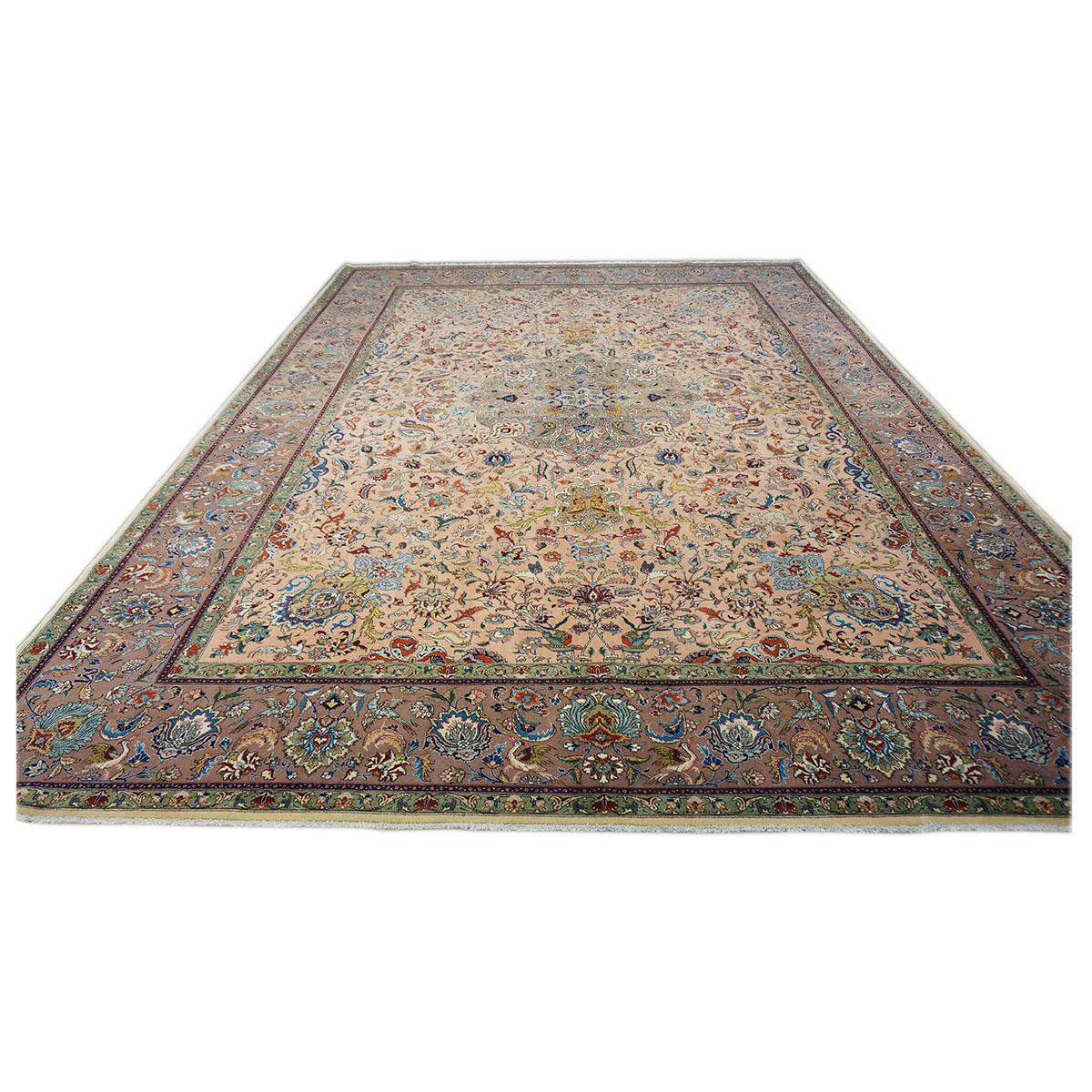 Hand-Woven Antique 1930s Persian Tabriz Pahlavi 9X13 Salmon Pink & Nutmeg Brown Area Rug For Sale