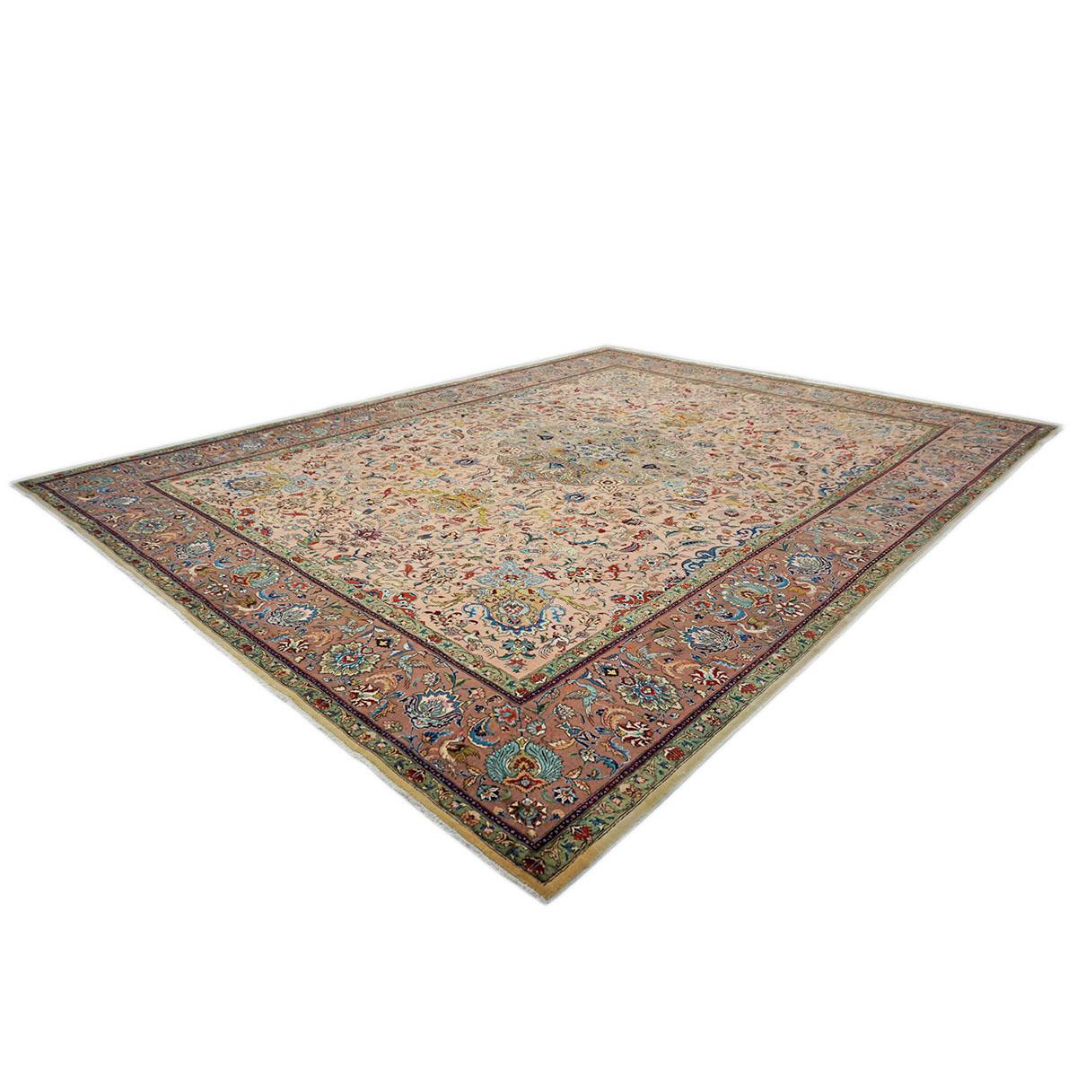 Antique 1930s Persian Tabriz Pahlavi 9X13 Salmon Pink & Nutmeg Brown Area Rug In Good Condition For Sale In Houston, TX