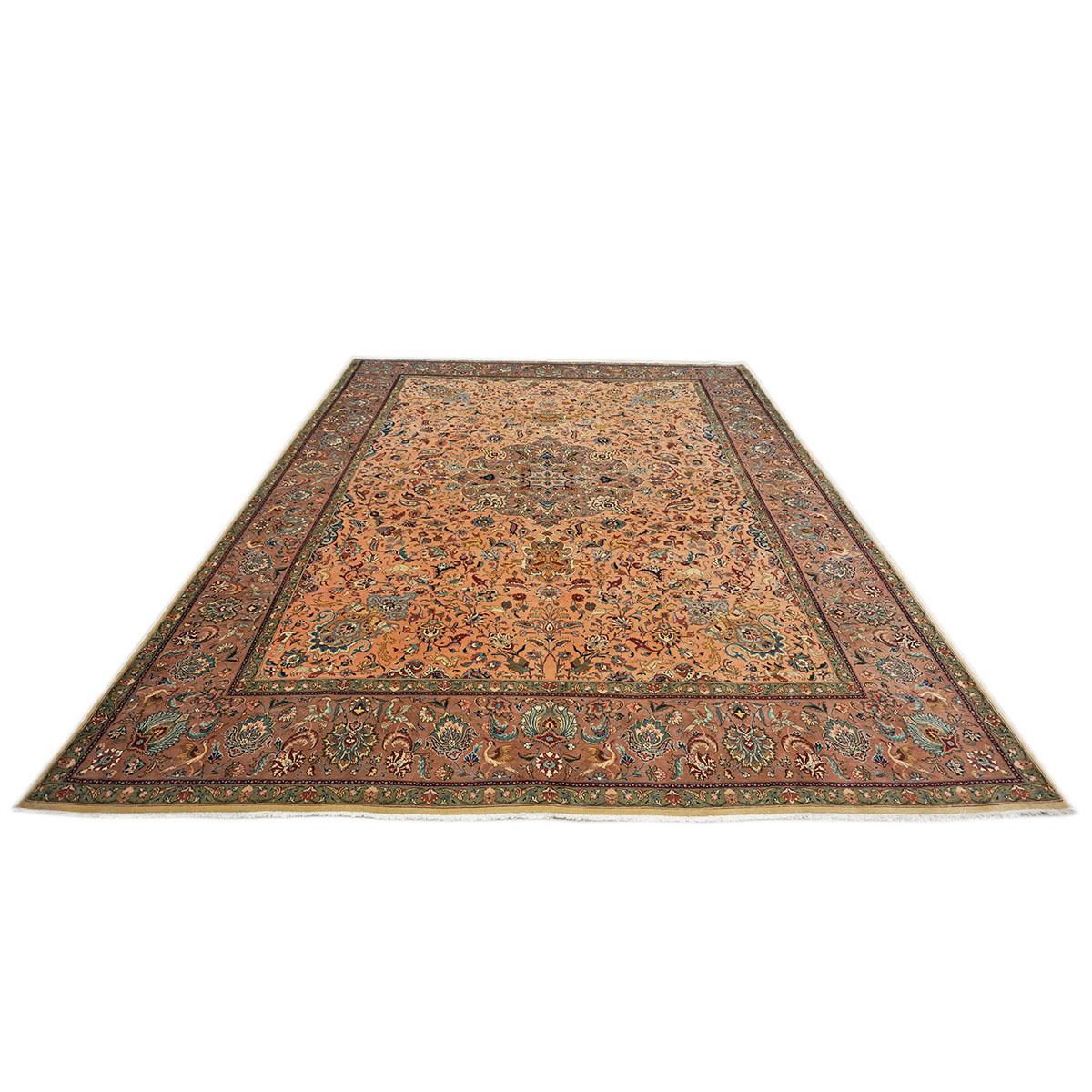 Mid-20th Century Antique 1930s Persian Tabriz Pahlavi 9X13 Salmon Pink & Nutmeg Brown Area Rug For Sale