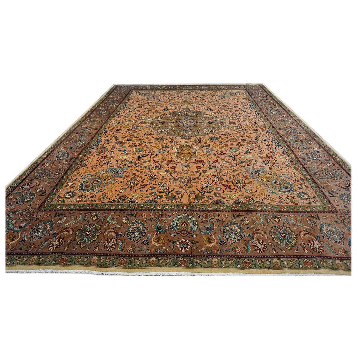 Wool Antique 1930s Persian Tabriz Pahlavi 9X13 Salmon Pink & Nutmeg Brown Area Rug For Sale