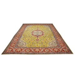 Antique 1930s Persian Tabriz Pahlavi 9x13 Yellow, Red, & Navy Handmade Area Rug