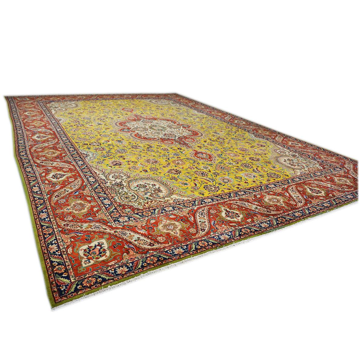 Hand-Woven Antique 1930s Persian Tabriz Pahlavi 9x13 Yellow, Red, & Navy Handmade Area Rug For Sale