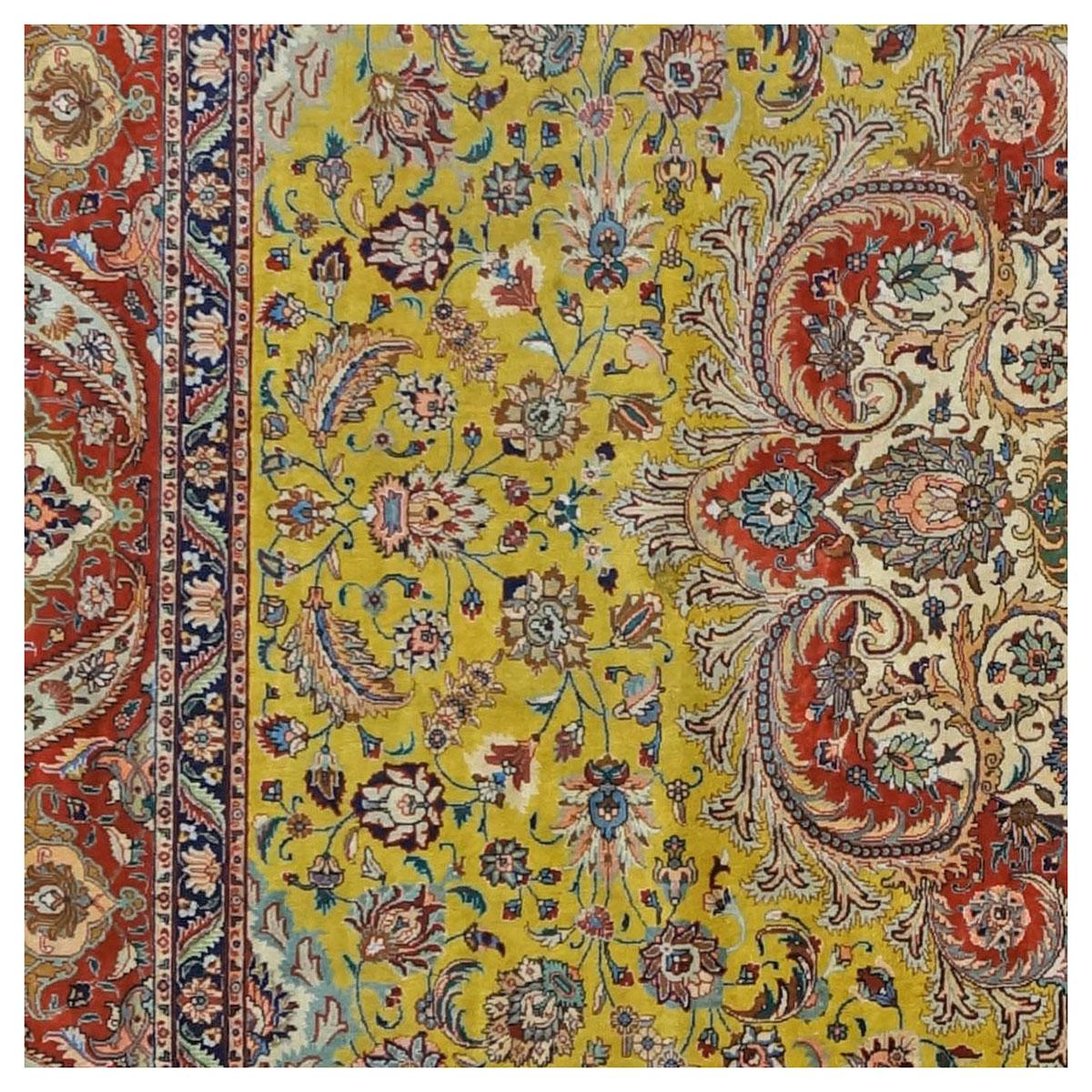 Antike 1930er Jahre Persisch Tabriz Pahlavi 9x13 Gelb, Rot, & Marine Handmade Bereich Teppich im Zustand „Gut“ im Angebot in Houston, TX