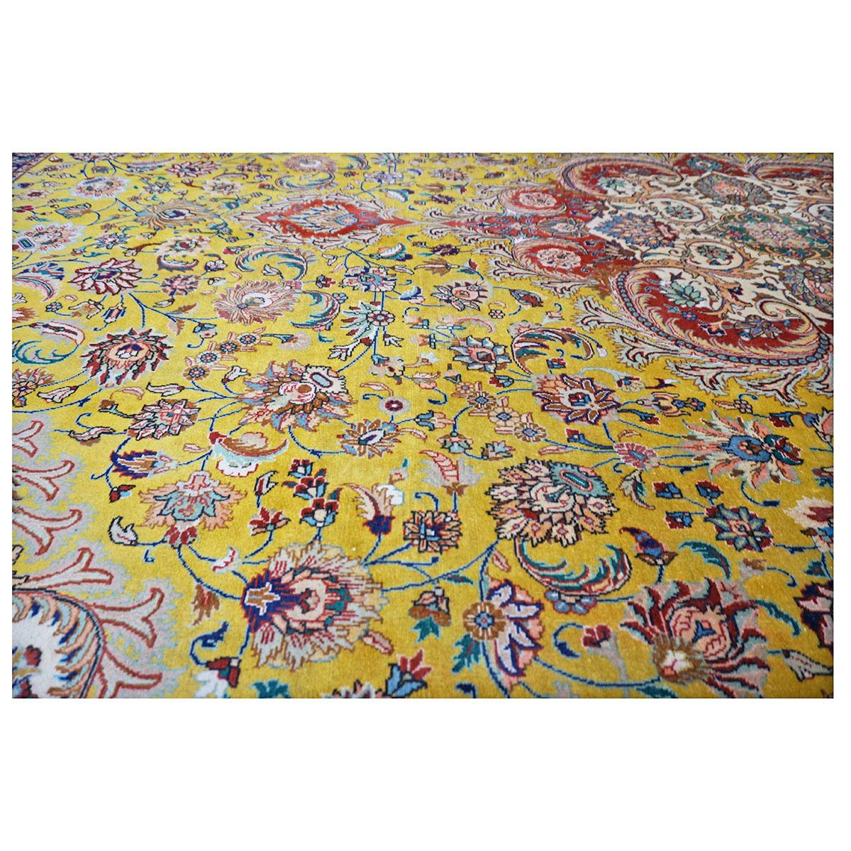 Mid-20th Century Antique 1930s Persian Tabriz Pahlavi 9x13 Yellow, Red, & Navy Handmade Area Rug For Sale