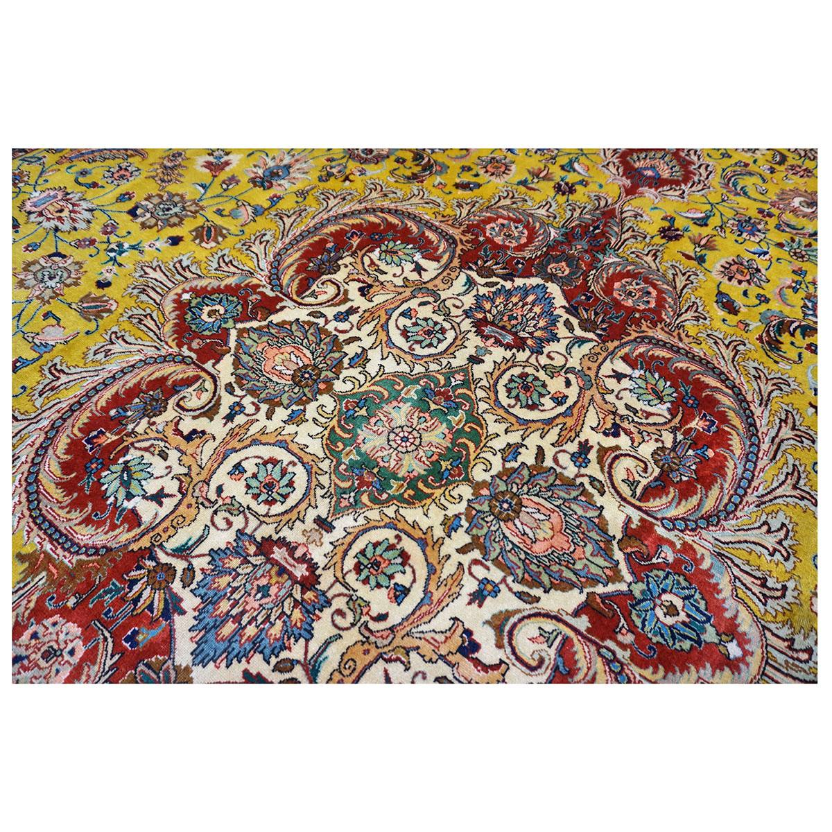 Antique 1930s Persian Tabriz Pahlavi 9x13 Yellow, Red, & Navy Handmade Area Rug For Sale 1