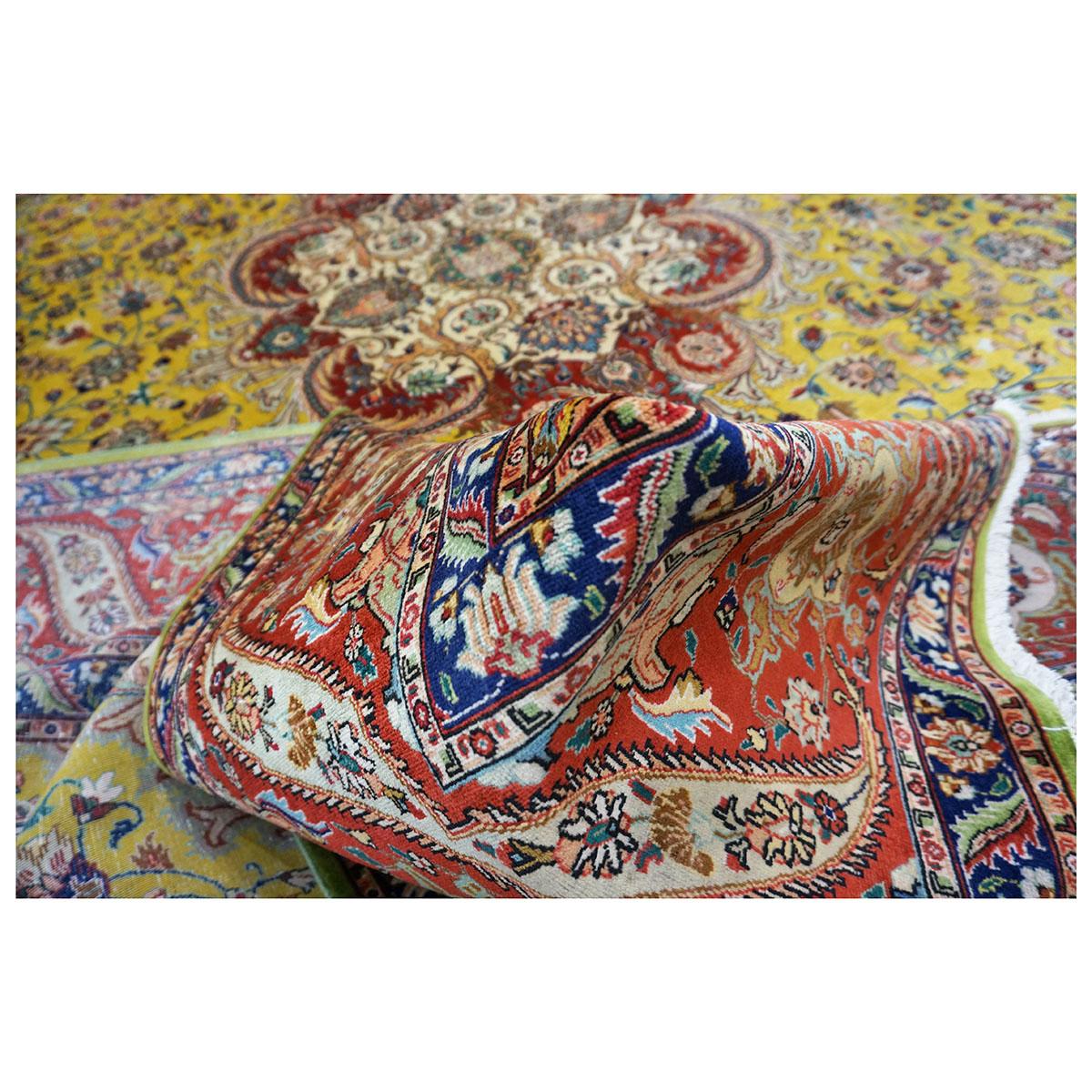 Antique 1930s Persian Tabriz Pahlavi 9x13 Yellow, Red, & Navy Handmade Area Rug For Sale 2