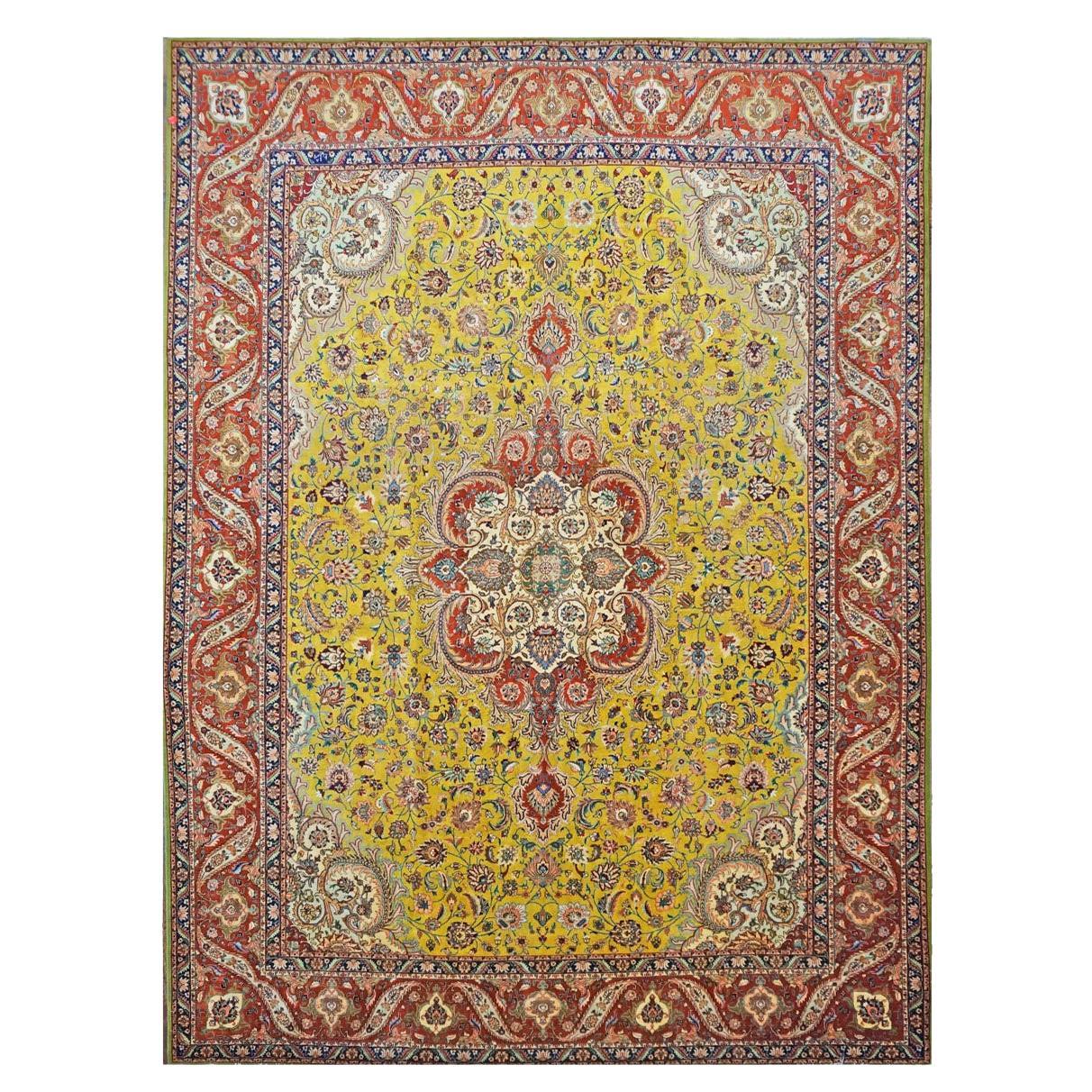 Antique 1930s Persian Tabriz Pahlavi 9x13 Yellow, Red, & Navy Handmade Area Rug For Sale