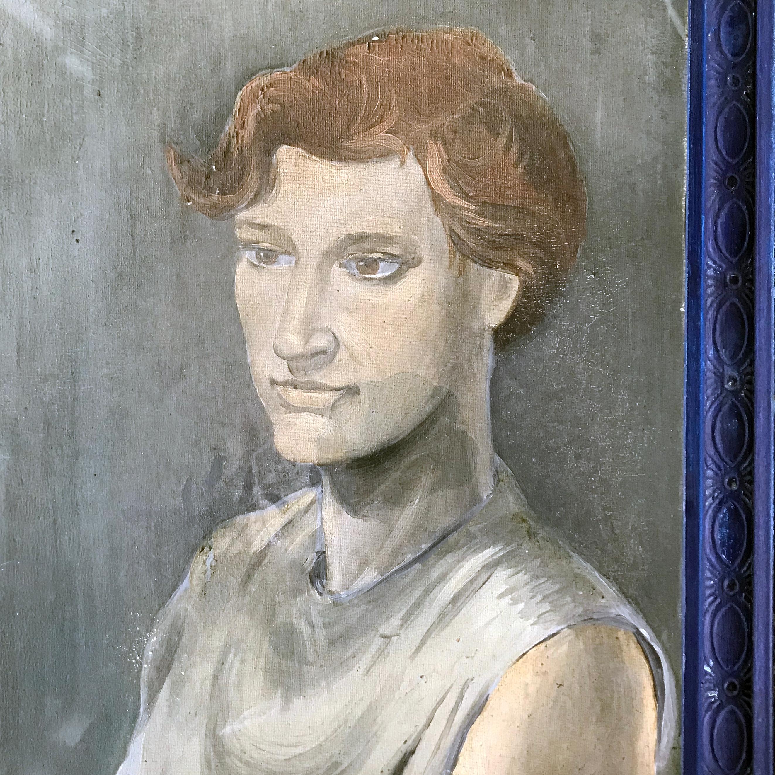 A wonderful 1930s portrait of a striking young man, oil on artist's board. Sensitively observed in a beautifully muted palette of greens, blues and greys complimented by the auburn haired sitter, possibly a ballet dancer at rest.  A very evocative