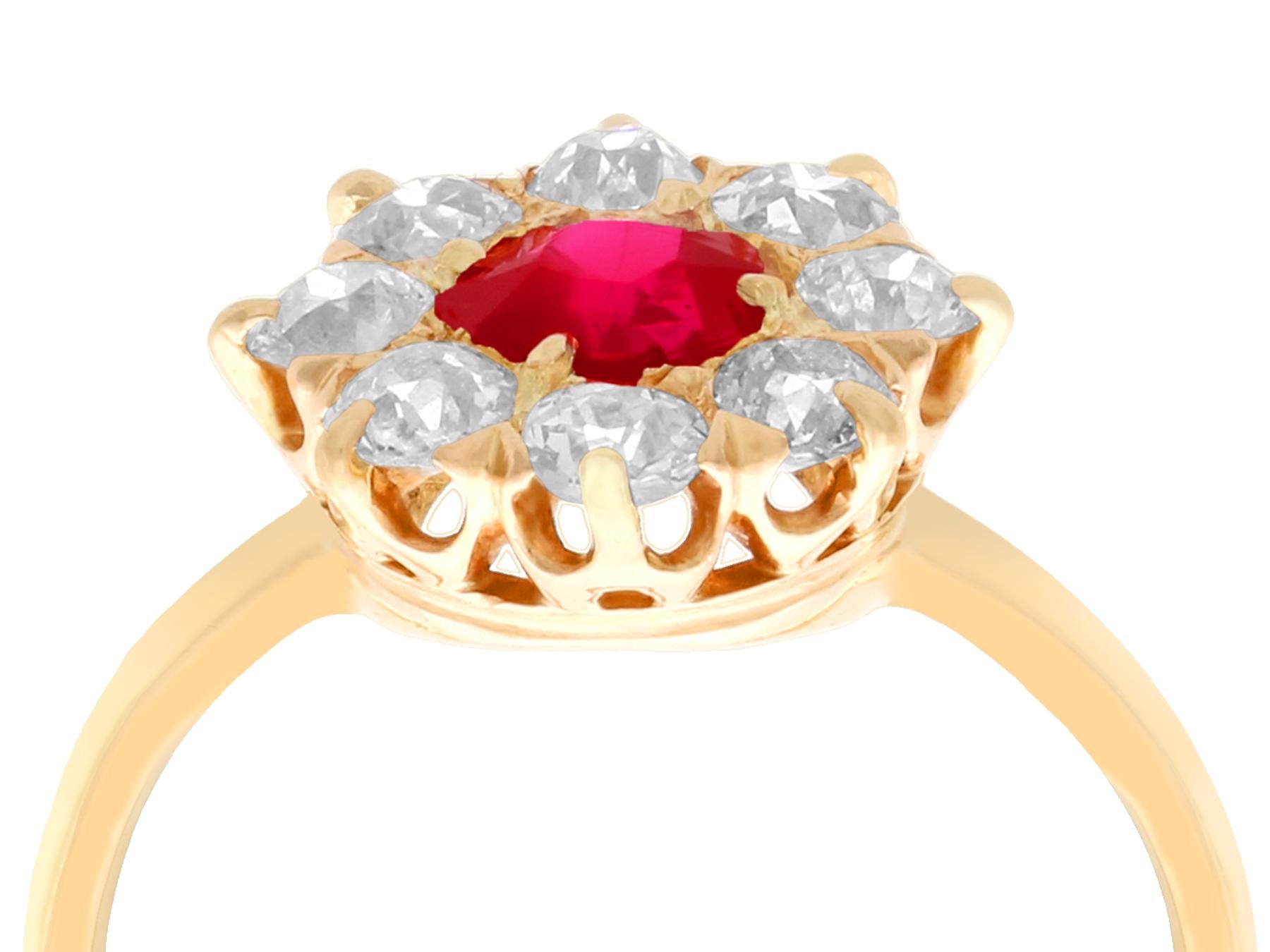 An impressive antique 0.63 carat ruby and 0.60 carat diamond, 18 karat yellow gold cluster ring; part of our diverse antique jewelry collections.

This fine and impressive antique ruby cluster ring has been crafted in 18k yellow gold.

The pierced