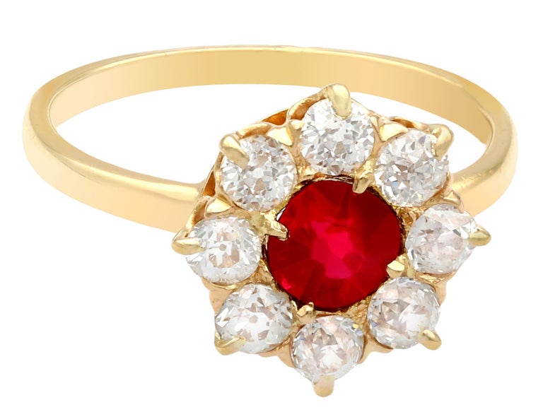 Antique 1930s Ruby and Diamond Yellow Gold Cluster Ring at 1stDibs