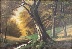 Antikes signiertes dänisches Landschafts-Ölgemälde aus den 1930er Jahren, Wald im Nachmittagslicht