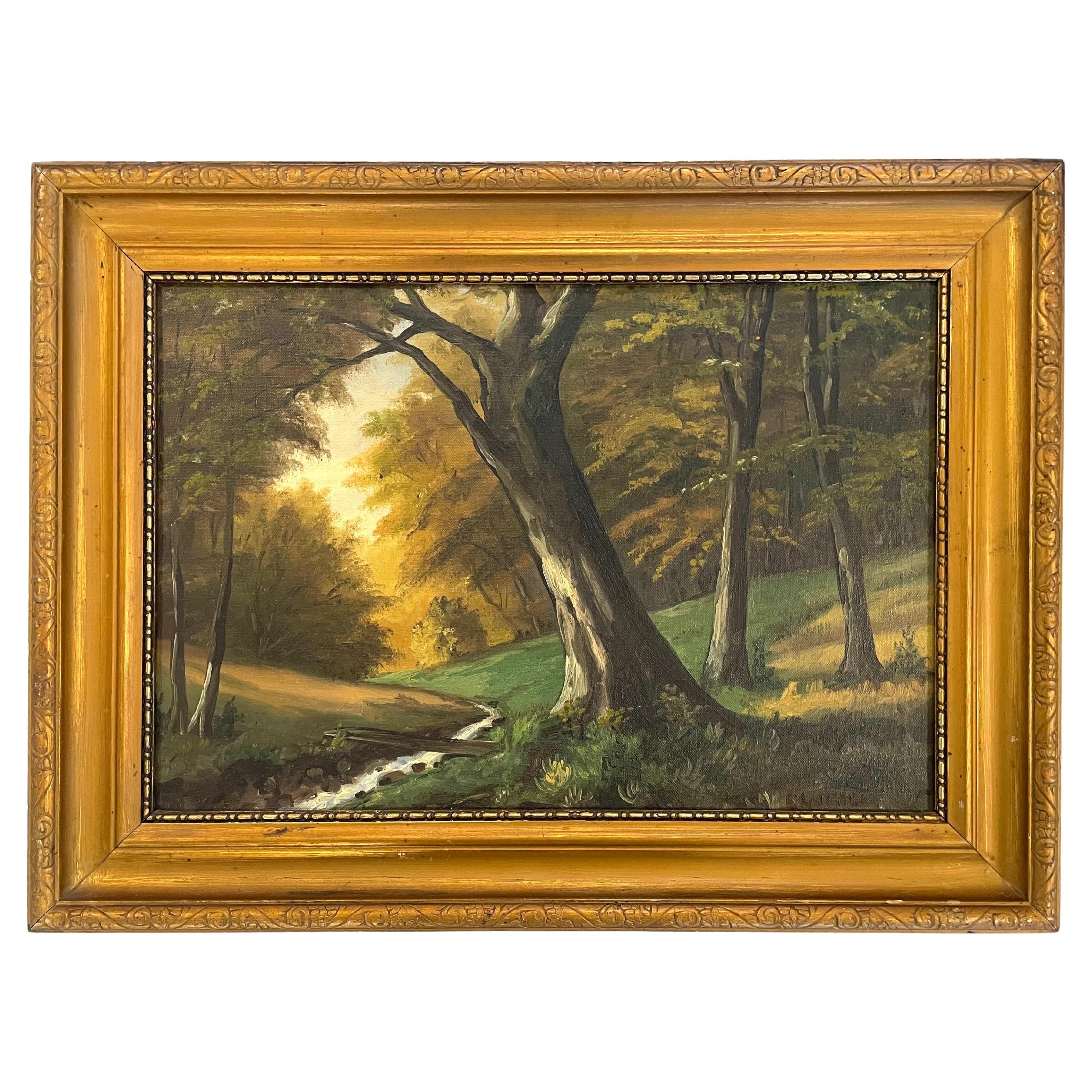 Antique 1930s signed Danish landscape oil painting, forest in afternoon light