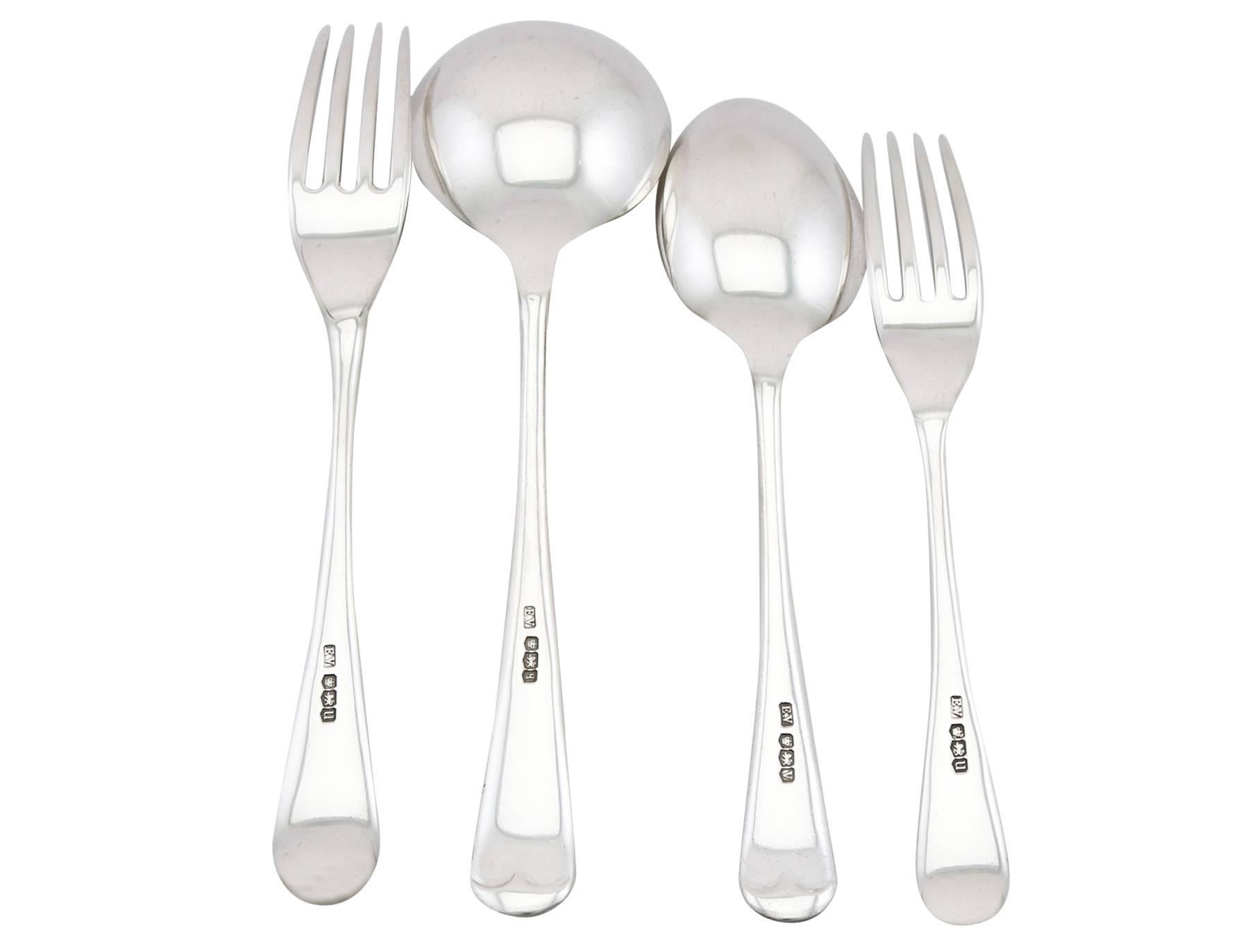 An exceptional, fine and impressive antique English sterling silver straight Old English pattern canteen of cutlery for eight persons; an addition to our antique flatware sets.

The pieces of this exceptional antique sterling silver flatware
