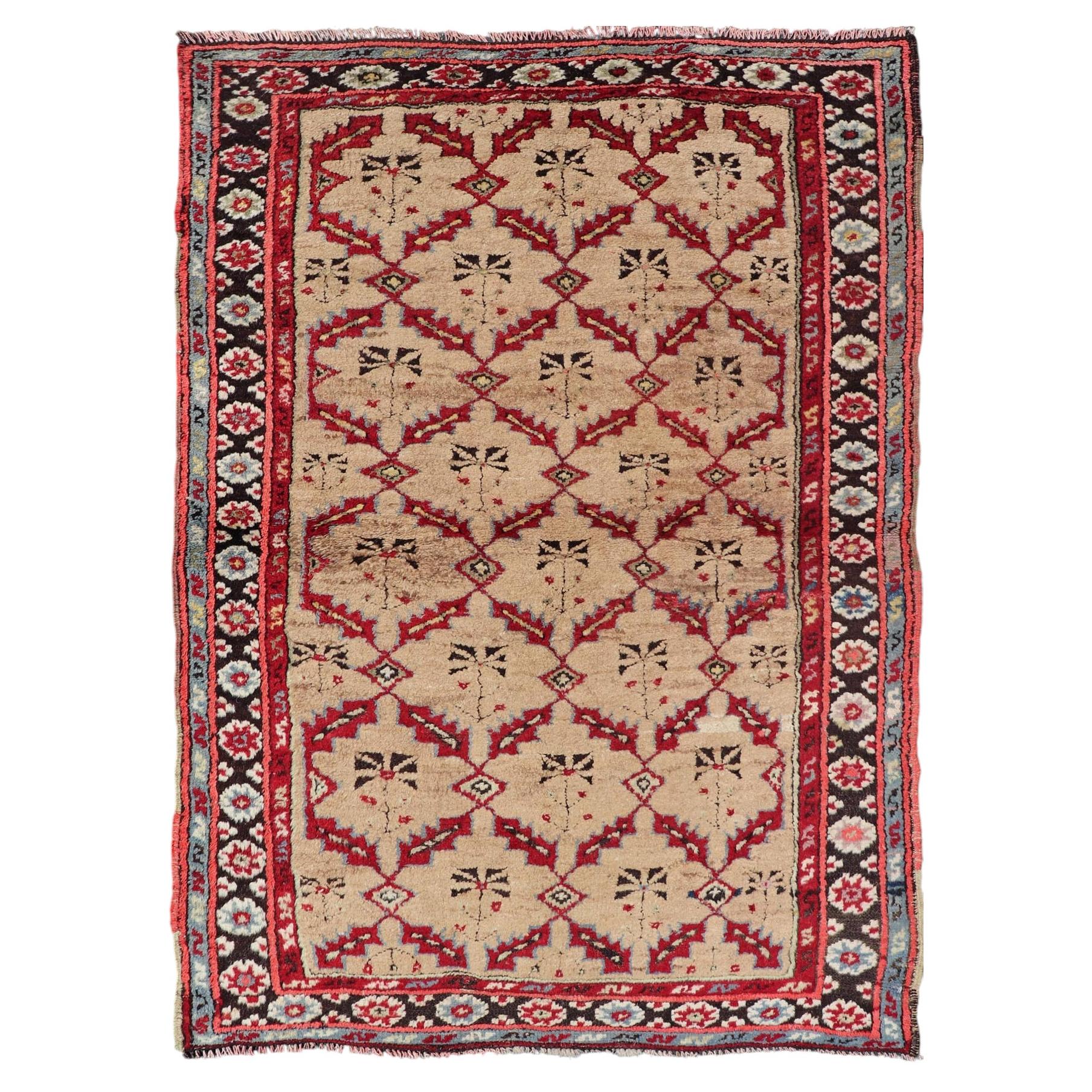 Antique 1930's Turkish Oushak Rug with All-Over Lattice & Geometric Design