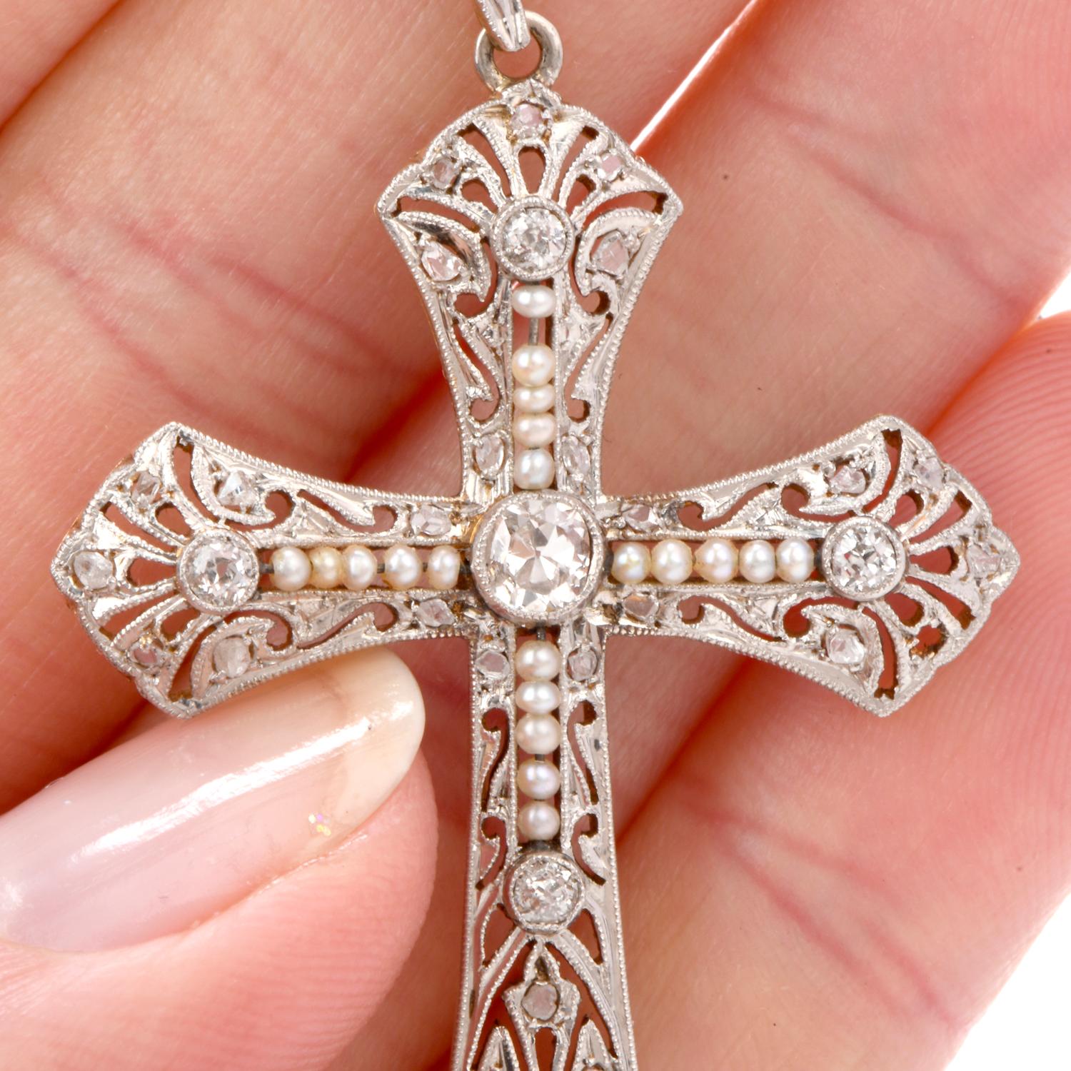 Antique Victorian Filagree Diamond and Pearl 18 Karat Platinum Cross Pendant 1