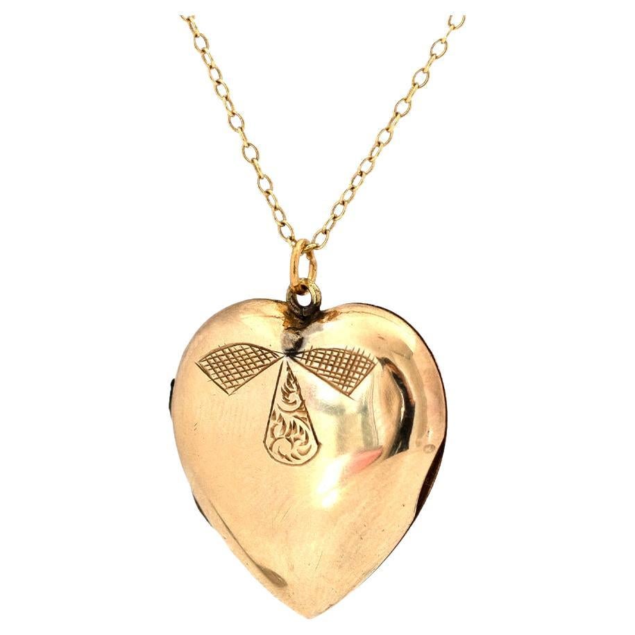 Antique 1930s Yellow Gold Bow Heart Locket Necklace