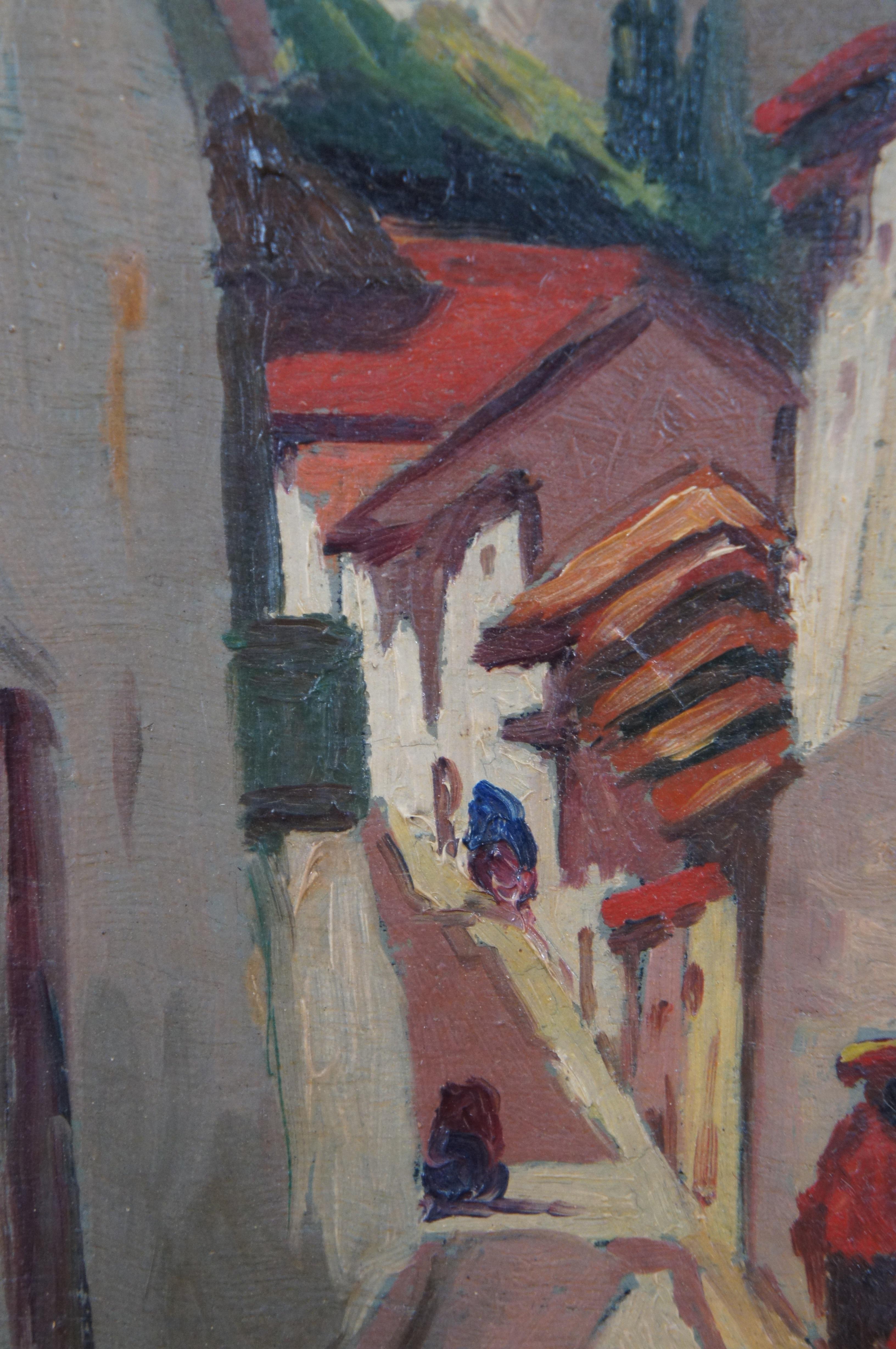 Antique 1936 Peruvian Folk Art Street Scene City Scape Oil Painting on Board 15