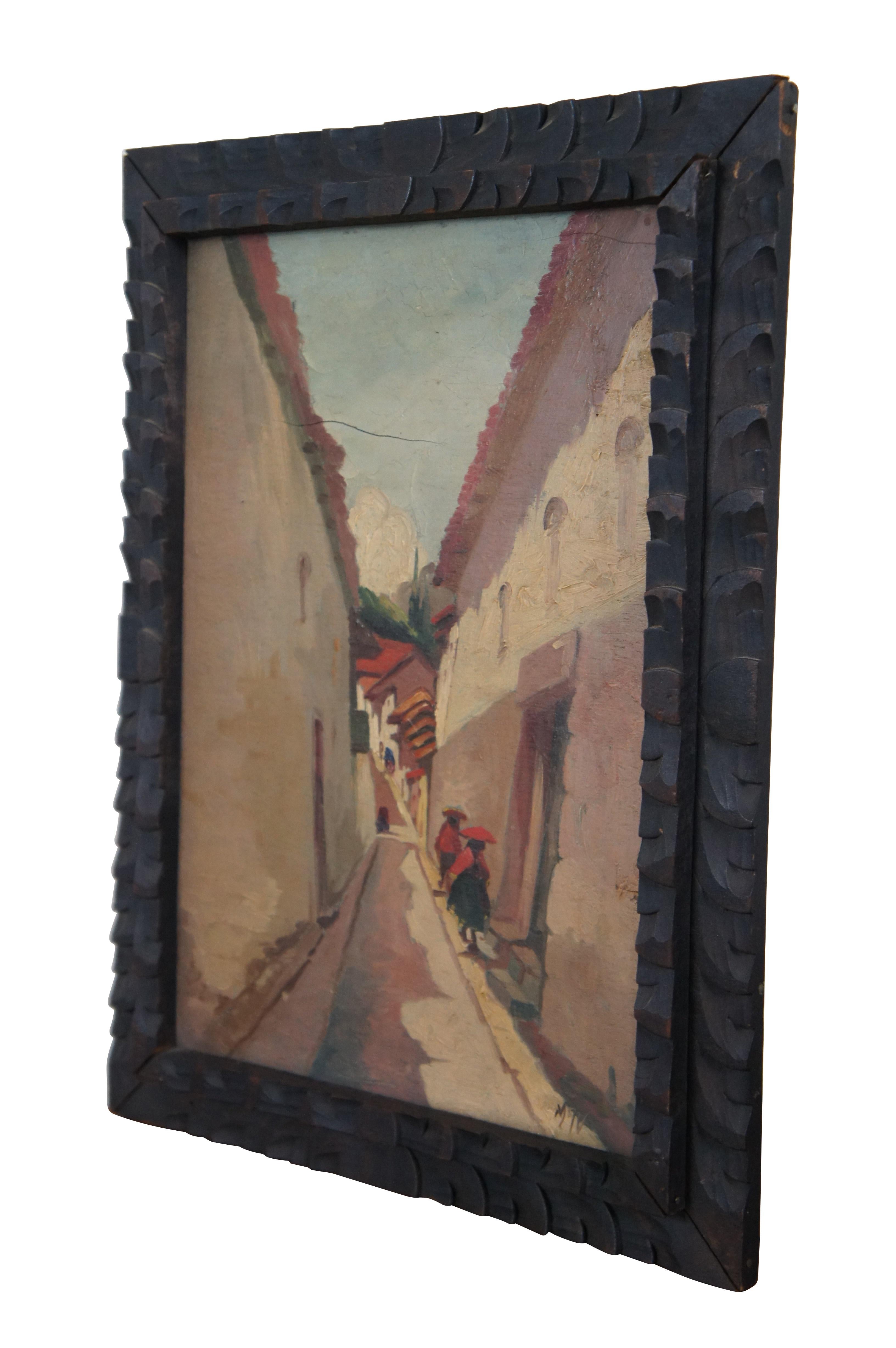 Antique Peruvian impressionist oil painting on board by folk artist Sr. Manual Vera depicting a street scene from Cusco Peru in 1936.  The scene features a narrow stucco street lined with buildings and figures.  It is painted on a ply wood tea box