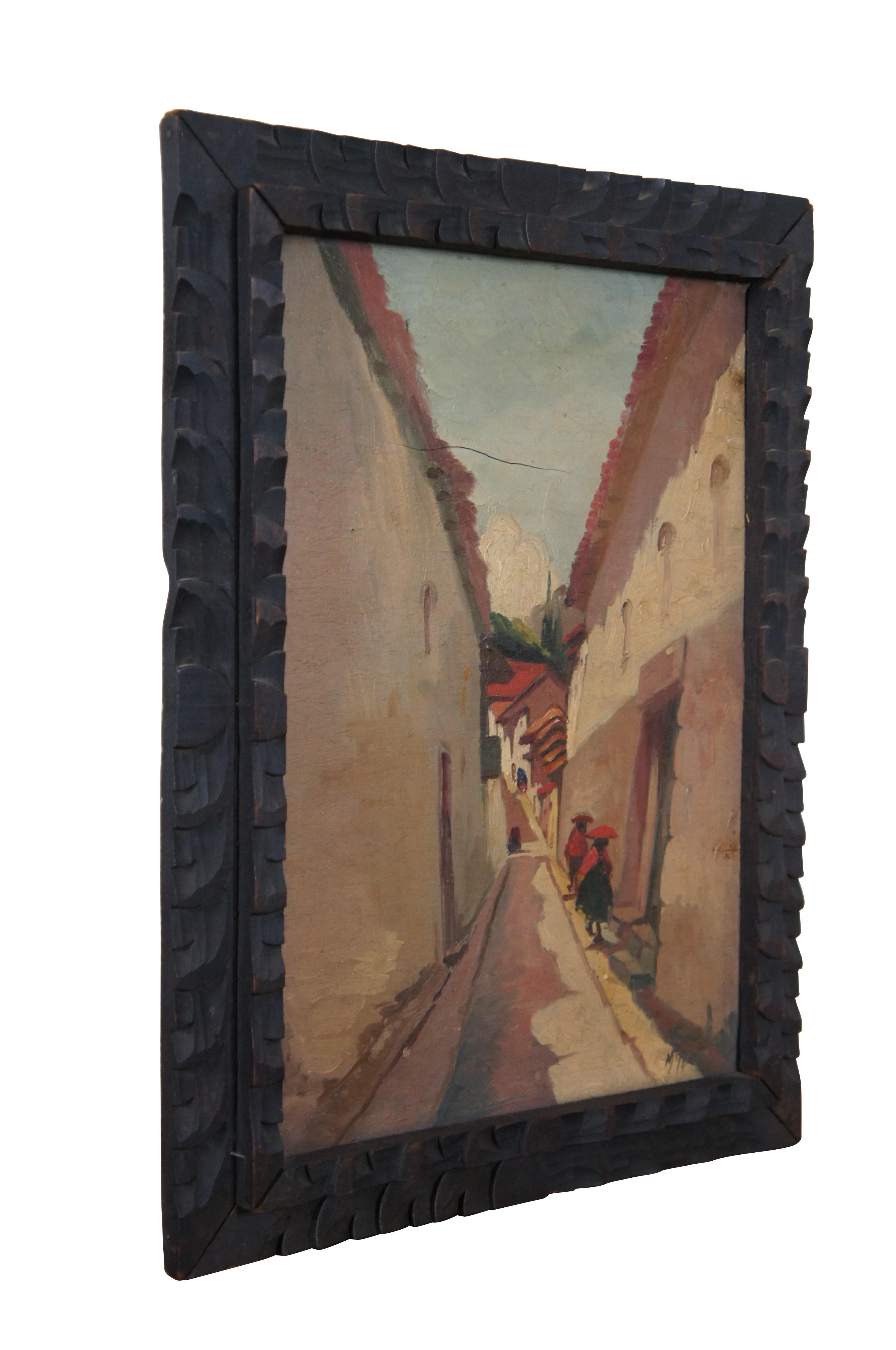 Antique 1936 Peruvian Folk Art Street Scene City Scape Oil Painting on Board 15