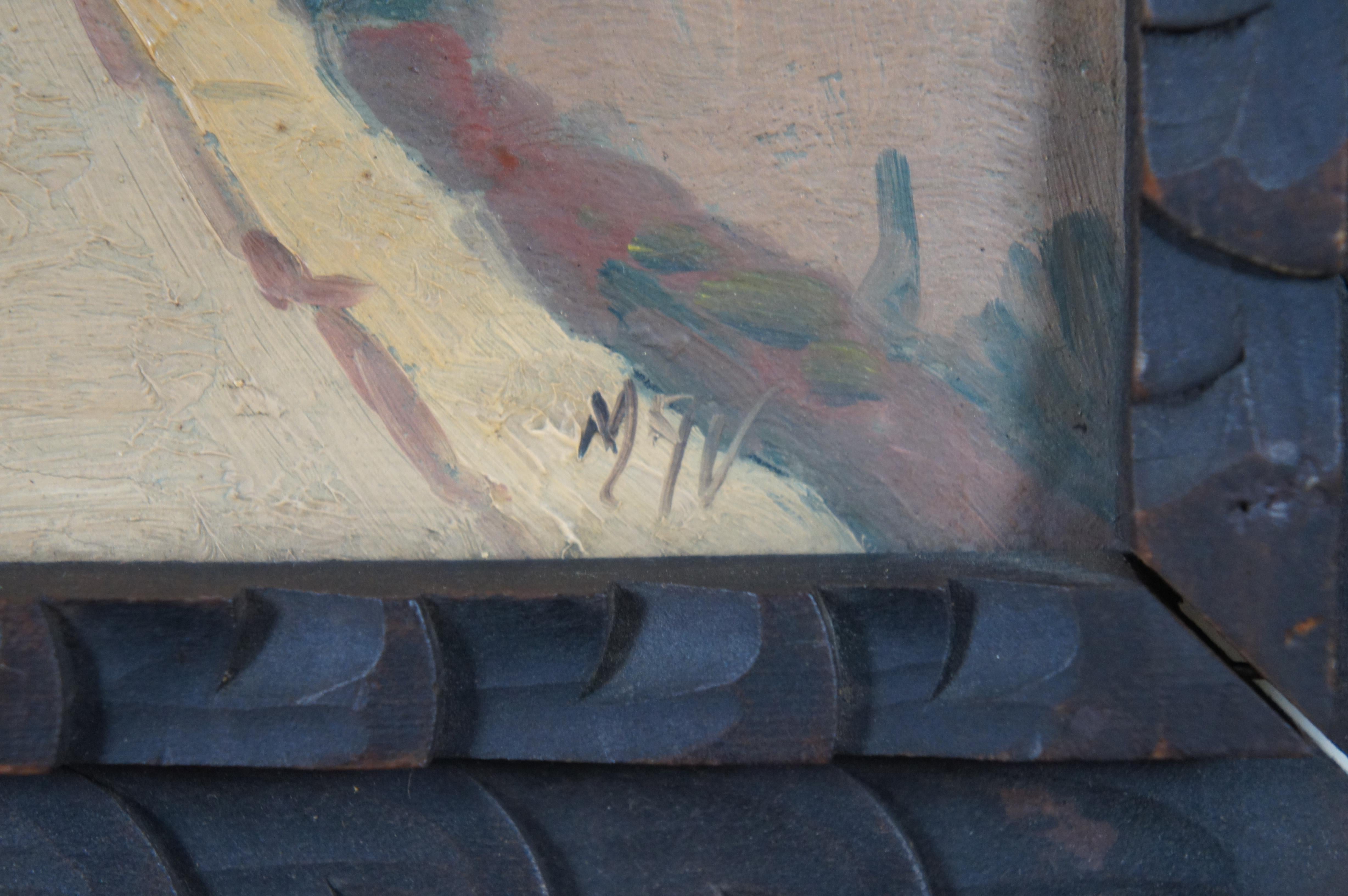 Antique 1936 Peruvian Folk Art Street Scene City Scape Oil Painting on Board 15