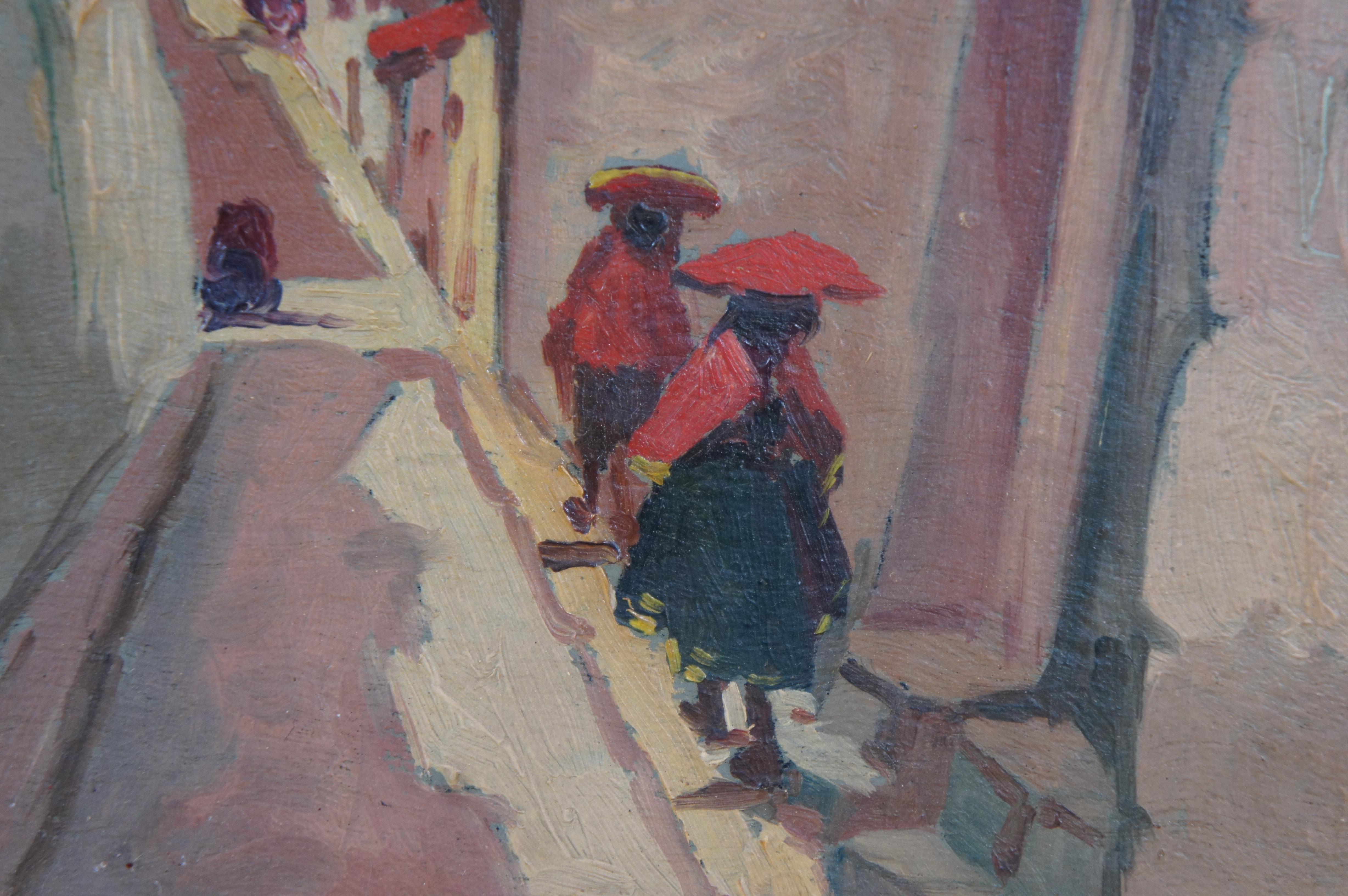 Antique 1936 Peruvian Folk Art Street Scene City Scape Oil Painting on Board 15
