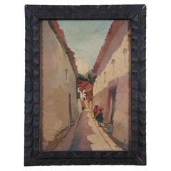 Antique 1936 Peruvian Folk Art Street Scene City Scape Oil Painting on Board 15"