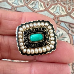 Antique 1837 Mourning Brooch in Gold with Turquoise, Seed Pearls & Black Enamel