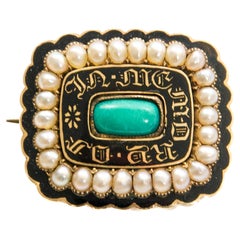 Antique 1837 Mourning Brooch in Gold with Turquoise, Seed Pearls & Black Enamel