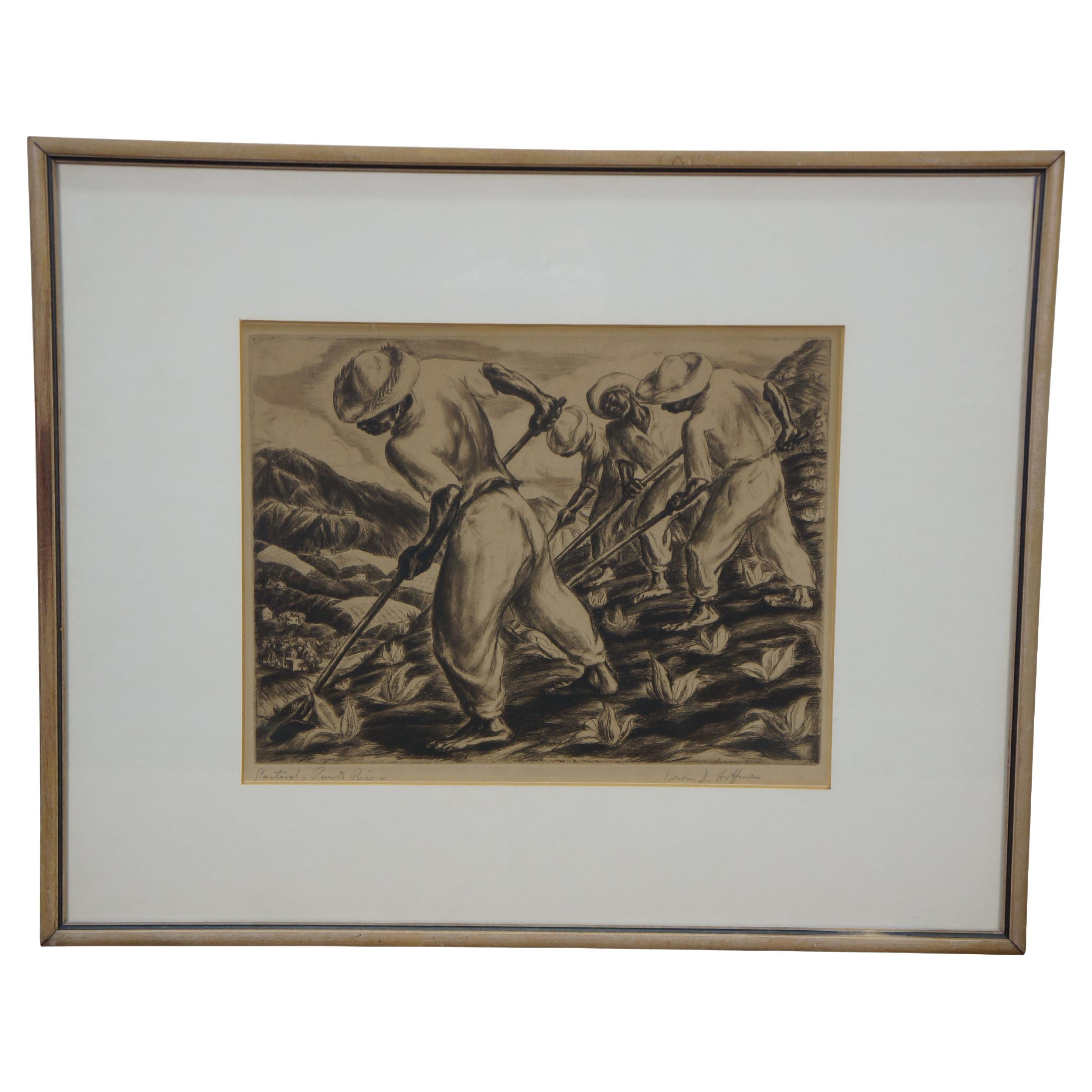 Antique 1938 Irwin D Hoffman Signed Pastoral Puerto Rico Farmer Etching 21"
