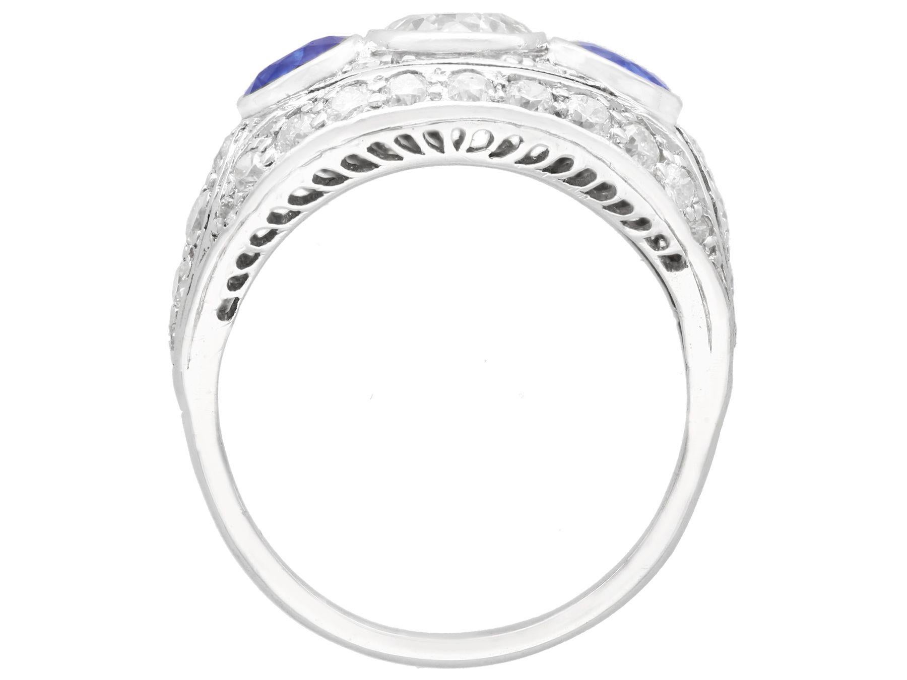 Old European Cut Art Deco 1.94 Carat Diamond and Sapphire Platinum Cocktail Ring For Sale