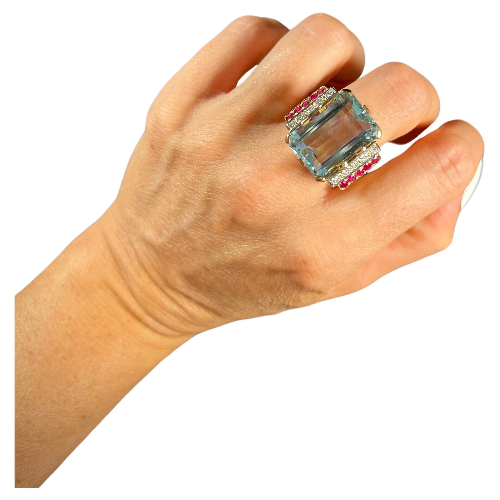 Antique 1940’s 18ct Gold Aquamarine, Diamond & Ruby Cocktail Ring For Sale