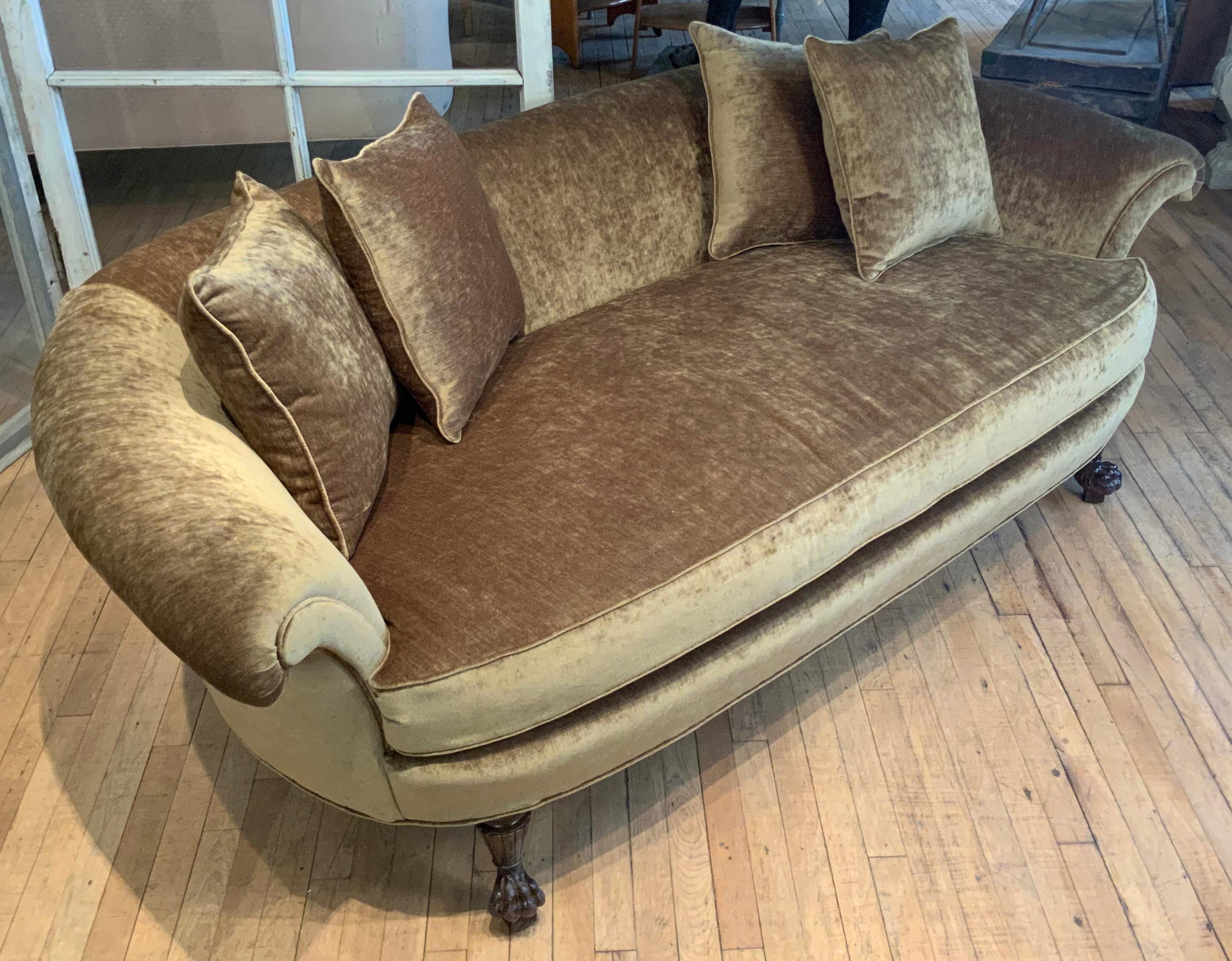 Upholstery Antique 1940s Curved Back Velvet Sofa