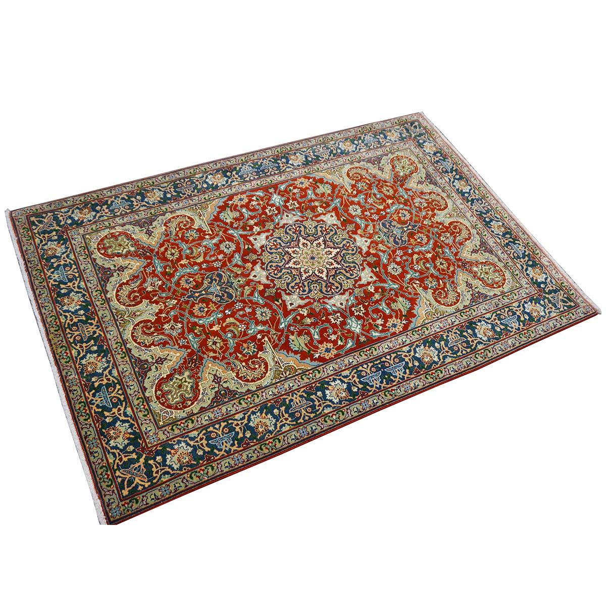 Hand-Woven Antique 1940s Fine Persian Tabriz 3x4 Red, Navy, & Blue Handmade Area Rug For Sale