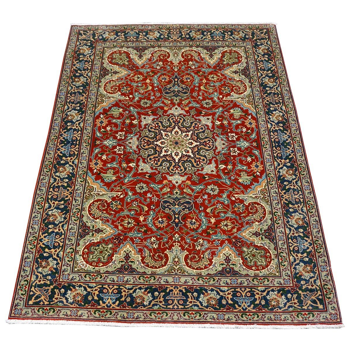 Antique 1940s Fine Persian Tabriz 3x4 Red, Navy, & Blue Handmade Area Rug In Excellent Condition For Sale In Houston, TX