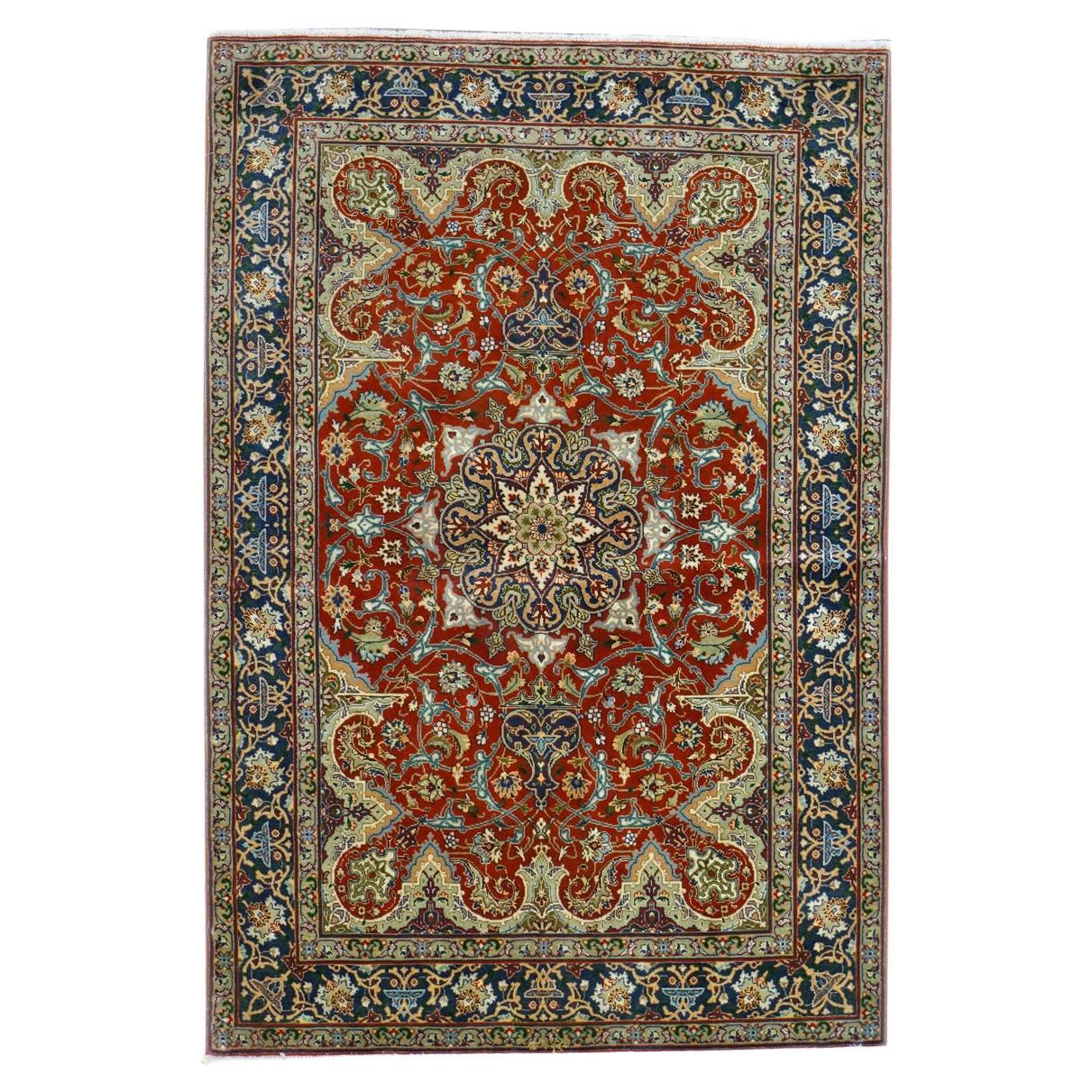 Antique 1940s Fine Persian Tabriz 3x4 Red, Navy, & Blue Handmade Area Rug For Sale