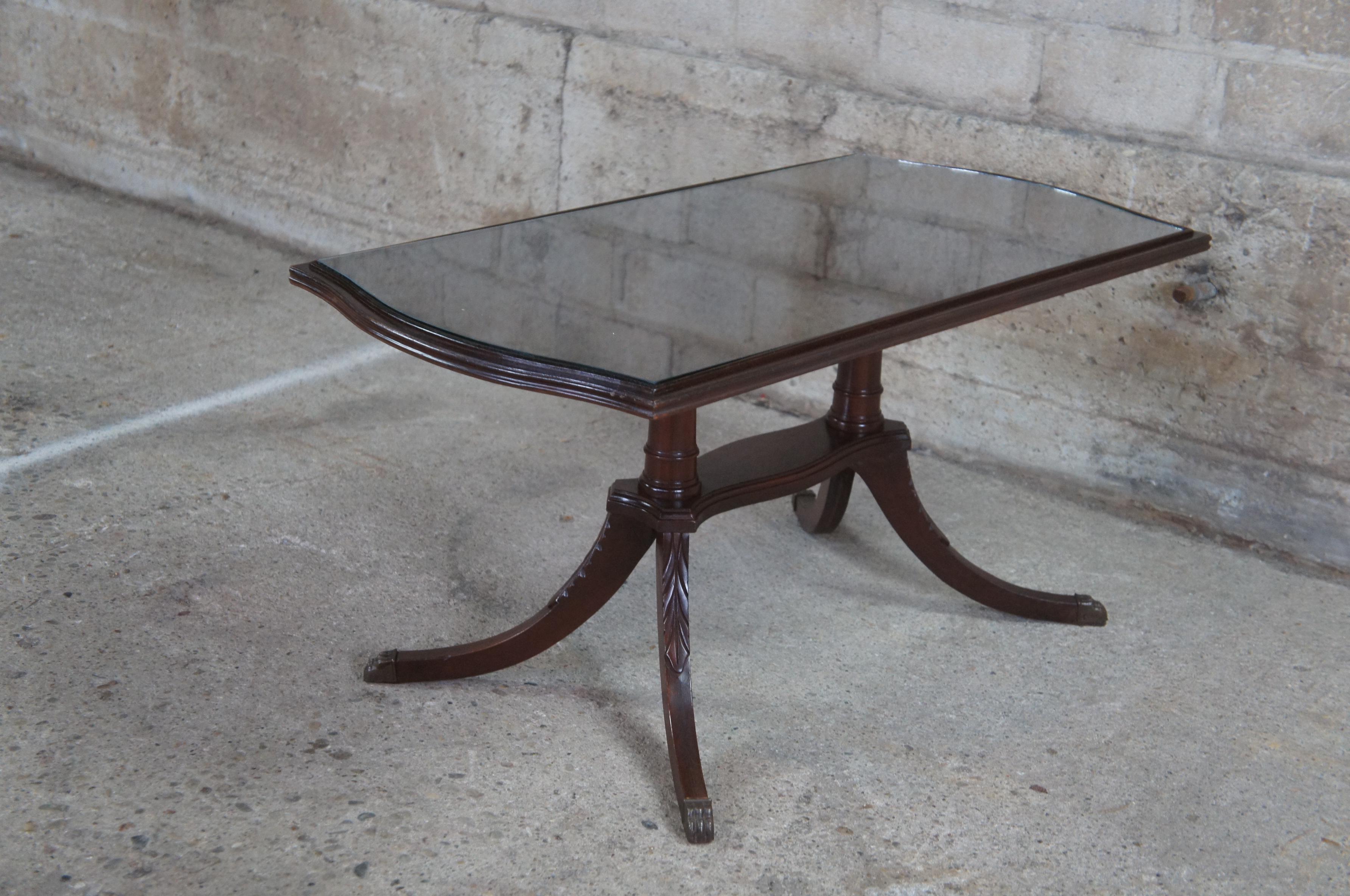Antique 1940s Mahogany Duncan Phyfe Pedestal Coffee Coktail Tea Table Glass Top 1