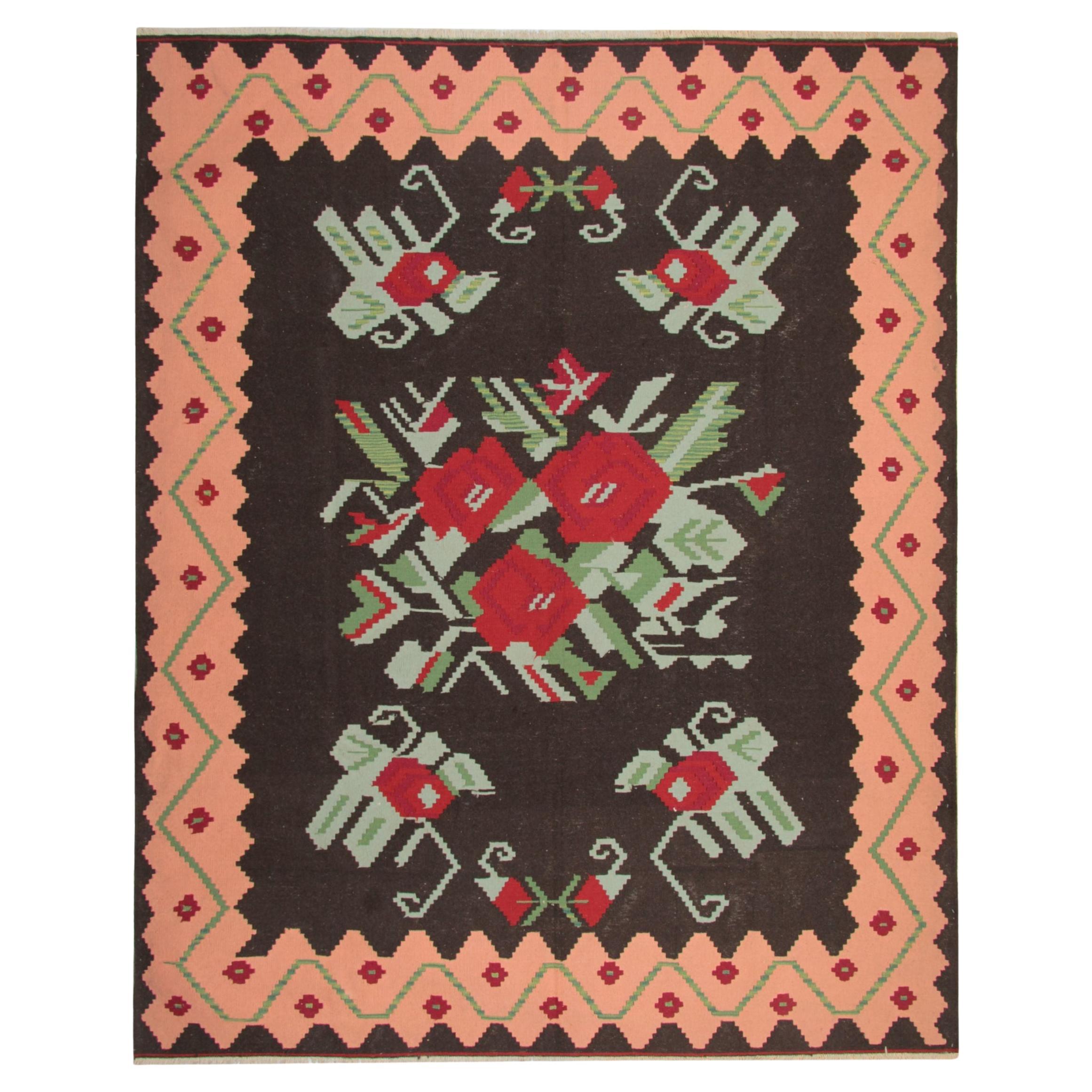 Antiker moldawischer Kelim aus den 1940er Jahren mit floralen Motiven und Zig-Zag-Bordüre