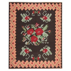 Antique 1940s Moldavian Kilim with Floral Motifs and Zig-Zag Border