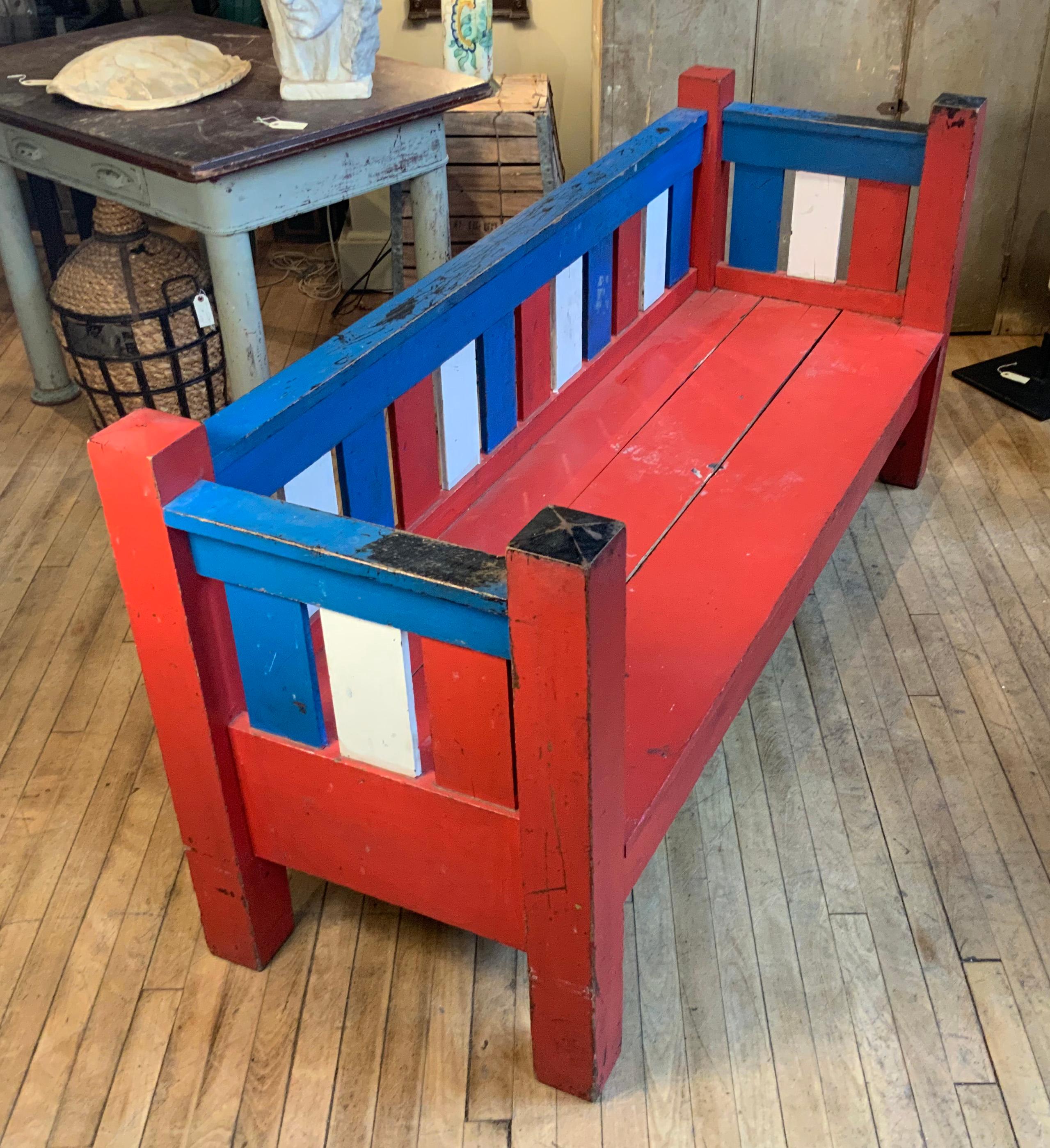 Folk Art Antique 1940s Patriotic Settee in Red, White and Blue